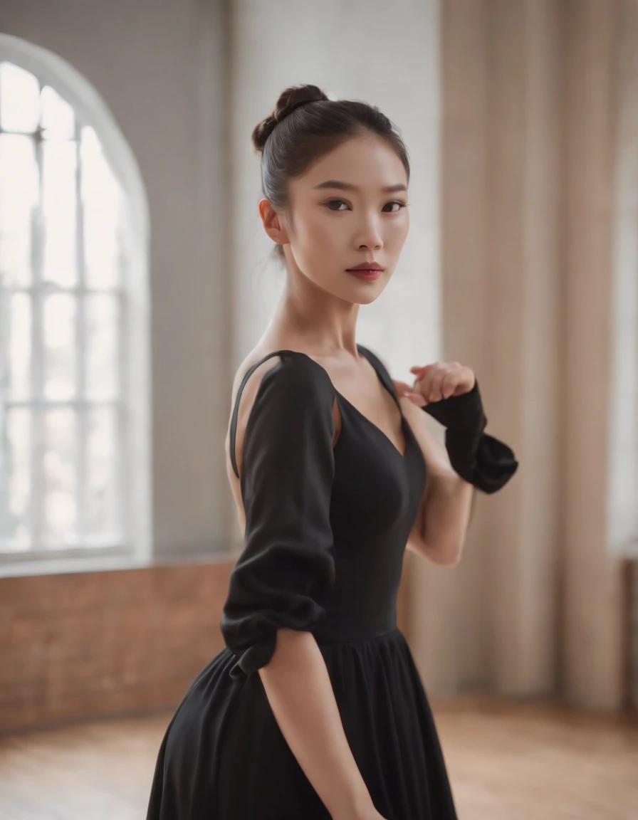 asian woman with ponytail in black dress and black heels for photo shoot, in the style of serene visuals, ballet academia