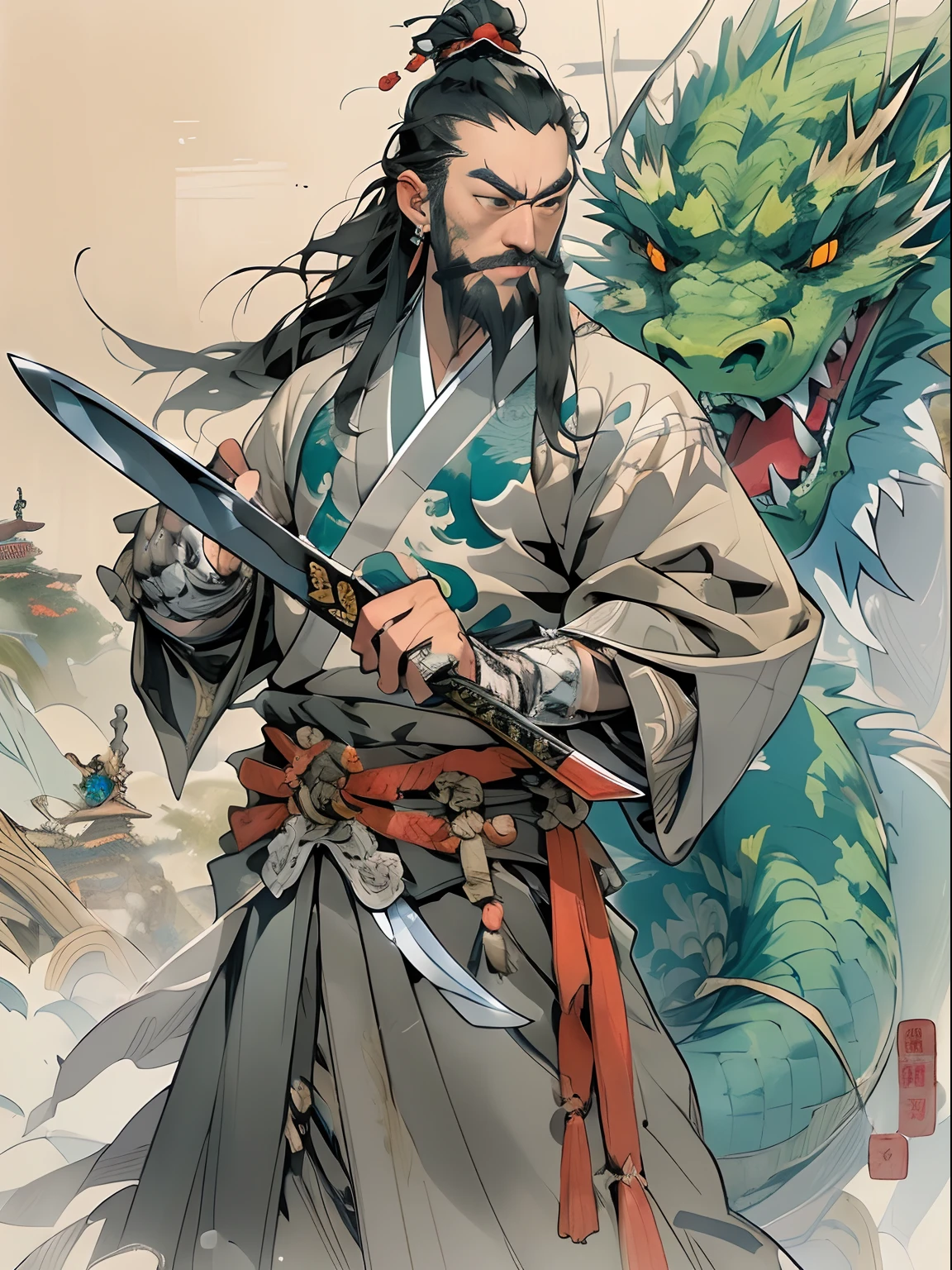 (((China-style,Ink painting method,Half-length portrait,Intense color,Han dynasty, China,Hanfu,Armor,Guan yu,Guan Yunchang,of a guy,Ruddy killing square face,Hold the Blue Dragon Moon Knife in his right hand,Stroke your beard with your left hand,Long hair,petty eyes,Green robe))), (((best qualityer))), (((tmasterpiece))), (((AS-Adult))), ((( Japanese ))), Look up from your knees, Handsome Asian samurai,perfect body figure, Modern samurai, ((( Asian))), Wear gloves on your hands,The left arm is made of steel and metal tips,Made of protective devices, The eyes are pulled, (( Appears below the chest )), (( Small dental floss )), Simon Bisley, Almost naked(Simon Bisley)Castle City Wilderness,For high-resolution posters, hair straight, Minimum clothing, armure (Crazy clothes ), Full of tips and rivets, tribal tattoos, (((full bodyesbian))), Straight brunette hair,Colored hair ends