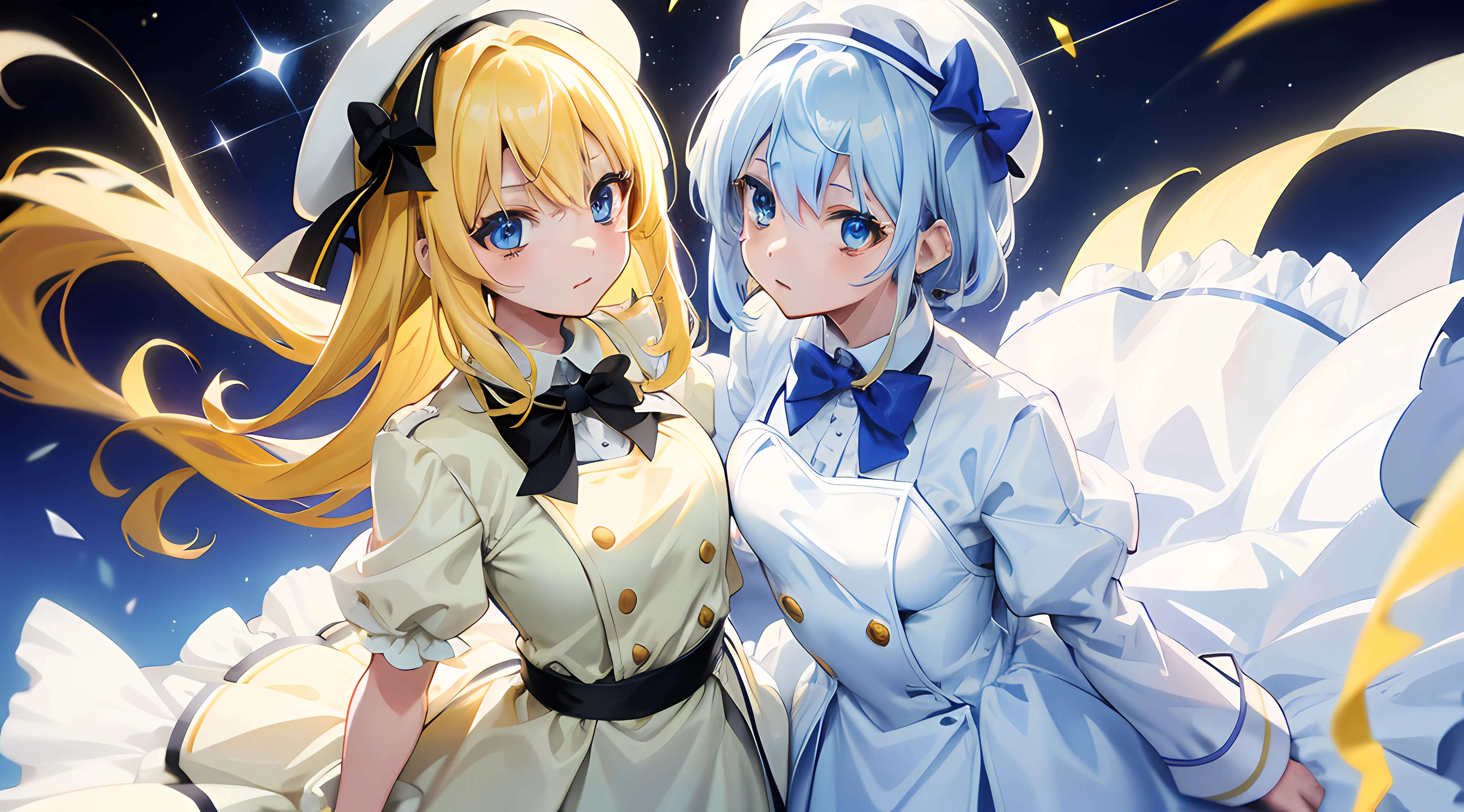 Yellow-haired，white dresses，eBlue eyes，star accessories，Blue bow tie，white beret（It has a blue bow on it），starryskybackground，meteors，4K