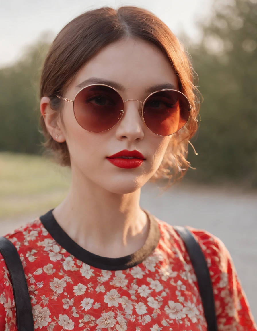 a woman wearing a red shirt and sunglasses, in the style of candycore, kidcore, golden age aesthetics, graphic and bold, cloisonnism, campcore, cloudcore --ar 113:172 --v 5.1