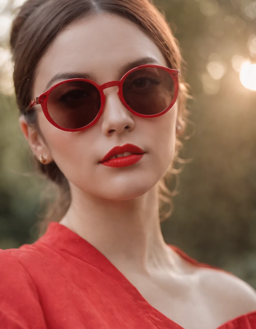 a woman wearing a red shirt and sunglasses, in the style of candycore, kidcore, golden age aesthetics, graphic and bold, cloisonnism, campcore, cloudcore  --ar 113:172 --v 5.1