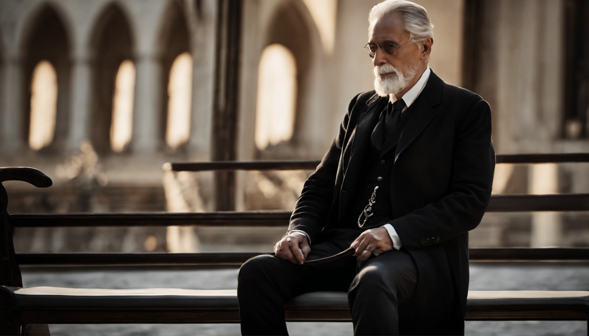 Old gentleman with a goatee，sit on chair，Touch your hands to black riding boots, 8K分辨率,Wallpaper masterpiece，Best quality，Highly meticulous，Ultra high quality，The midday sun is a bit dazzling