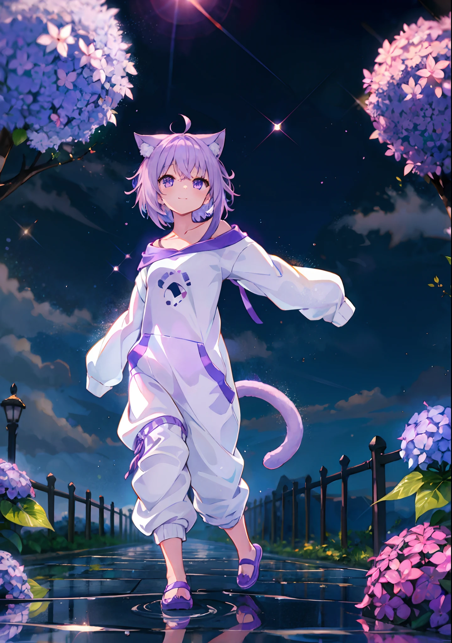 (solo), cute (1girl) walking,path,[from below:1.2],sine short hair, puddle,Water Reflection,rain,floating water drop,hydrangea,(blurry foreground),dynamic angle,asphalt,(night sky),lens flare, off-shoulder oversized shirt,(glitter:1.2) presenting armpit, nekomata okayu, cat tail, hoodie, sweatpants, smile, ((sleeves past wrists)), (sleeves past fingers))