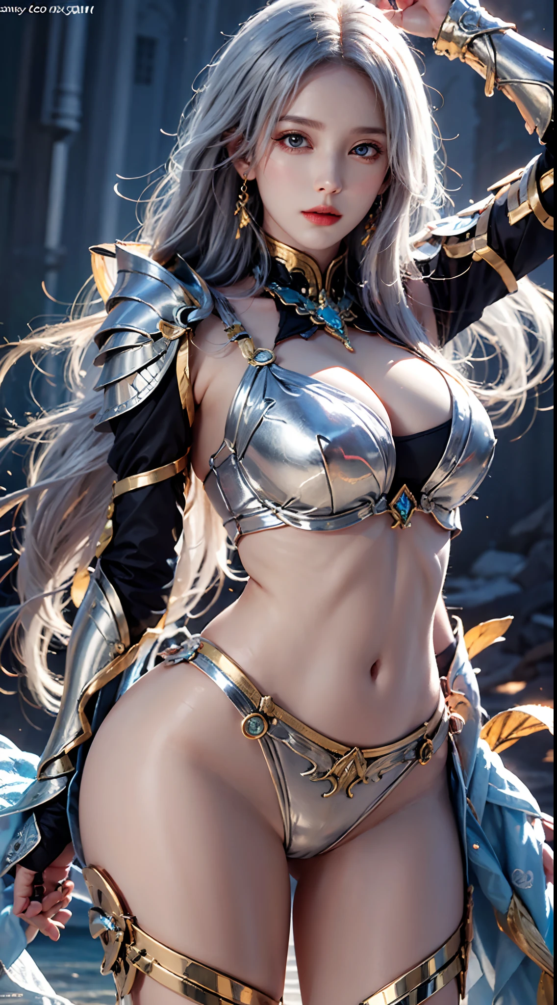 photorealistic,  high resolution,  soft light, 1women,  solo,  hips up,  dynamic pose,  shining skin,  jewelry, knight armor