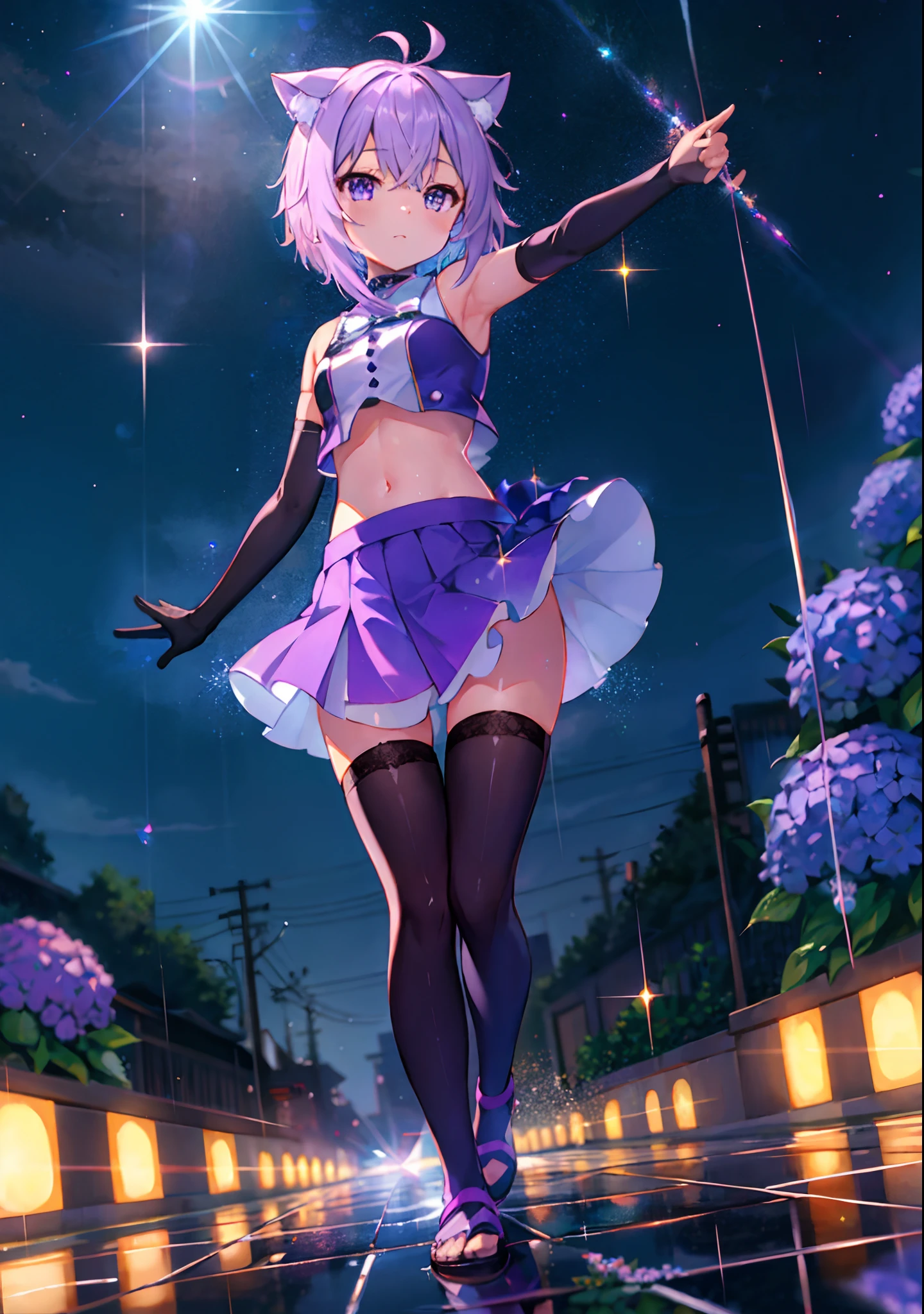 (solo), cute (1girl) walking,path,[from below:1.2],sine short hair, puddle,Water Reflection,rain,floating water drop,hydrangea,(blurry foreground),dynamic angle,asphalt,(night sky),lens flare, (glitter:1.2) presenting armpit, nekomata okayu, shimacos, crop top, microskirt, thighhighs, elbow gloves