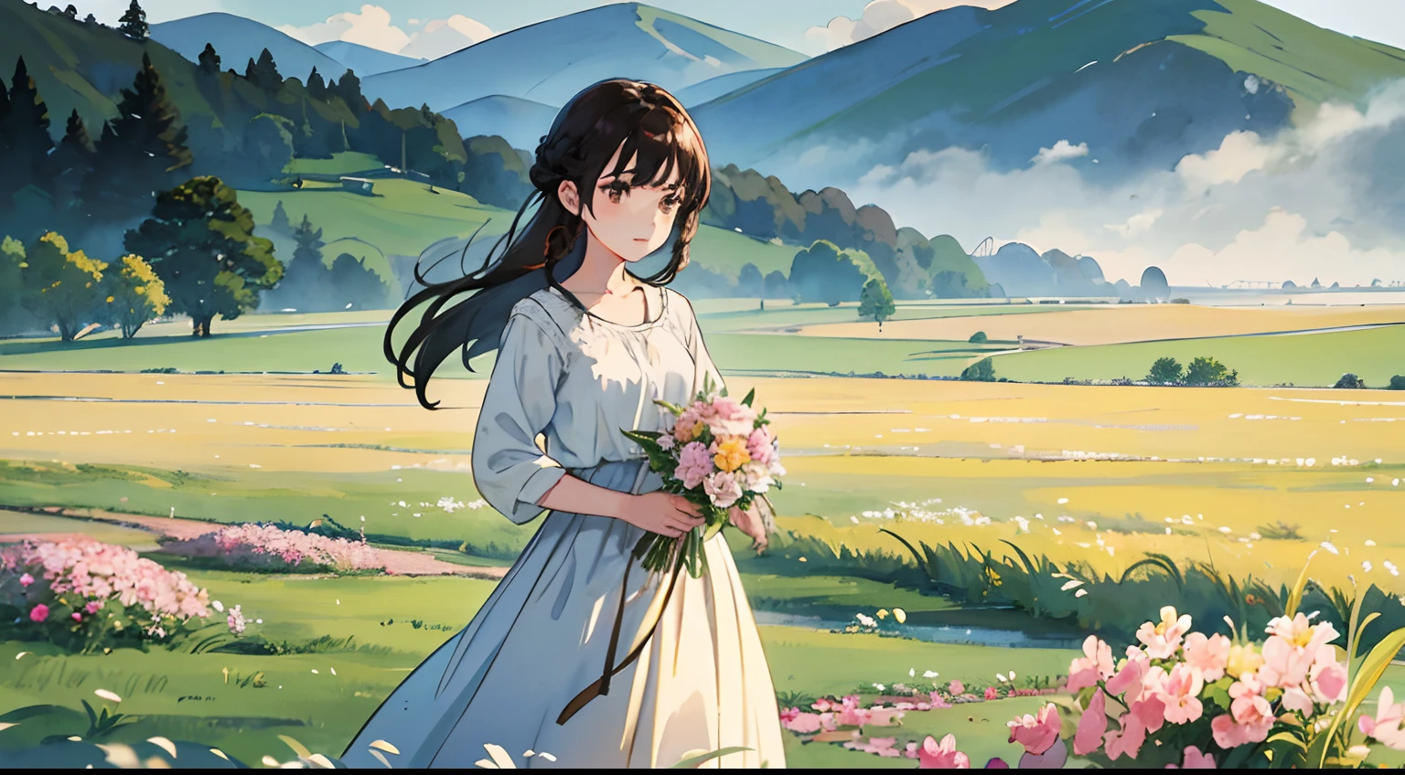 (Watercolor in Sargent style)、(top-quality、masterpiece)、Soft light、Countryside painted on a foggy morning、Create an ethereal scene in a calm morning misty meadow。Draw delicate and blurry brushwork、Capture the elusive nature of fog、Enhance the serene atmosphere of the countryside、One lady、dark brown hair、Braided hair、White blouse and long skirt、picnic、standing on a hill、blown by the wind、Holding a bouquet of flowers in your hands、
