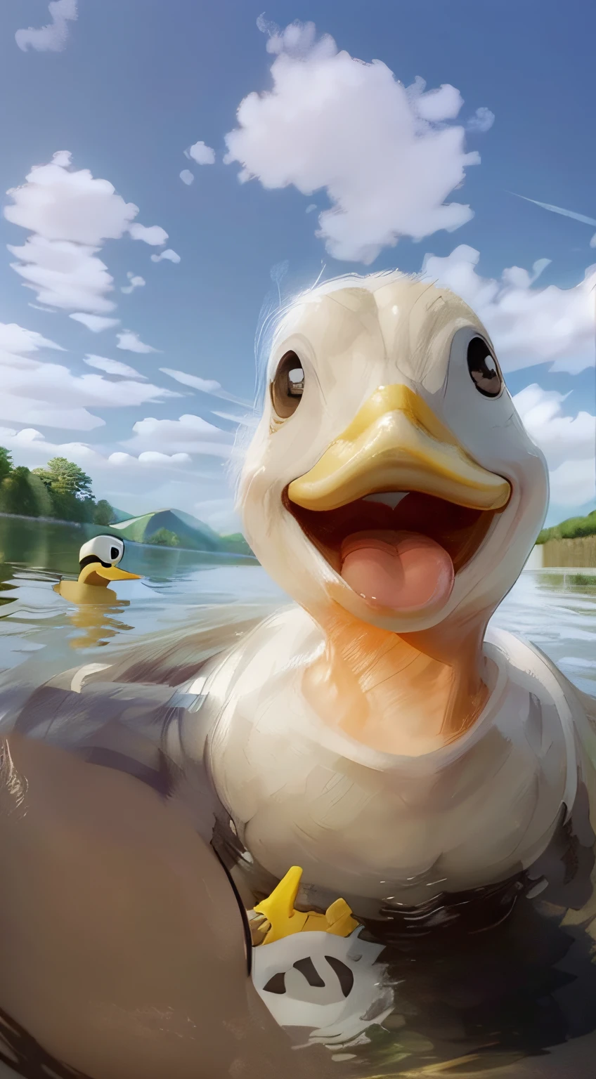 There is a duck standing in the water with its mouth open, duckface, donald duck in real life, look straight at the camera, looking at the camera in, looking up at camera, looking to the camera, screaming at the camera, look straight at the camera, staring right into camera, looks into camera, ducks, close to the camera