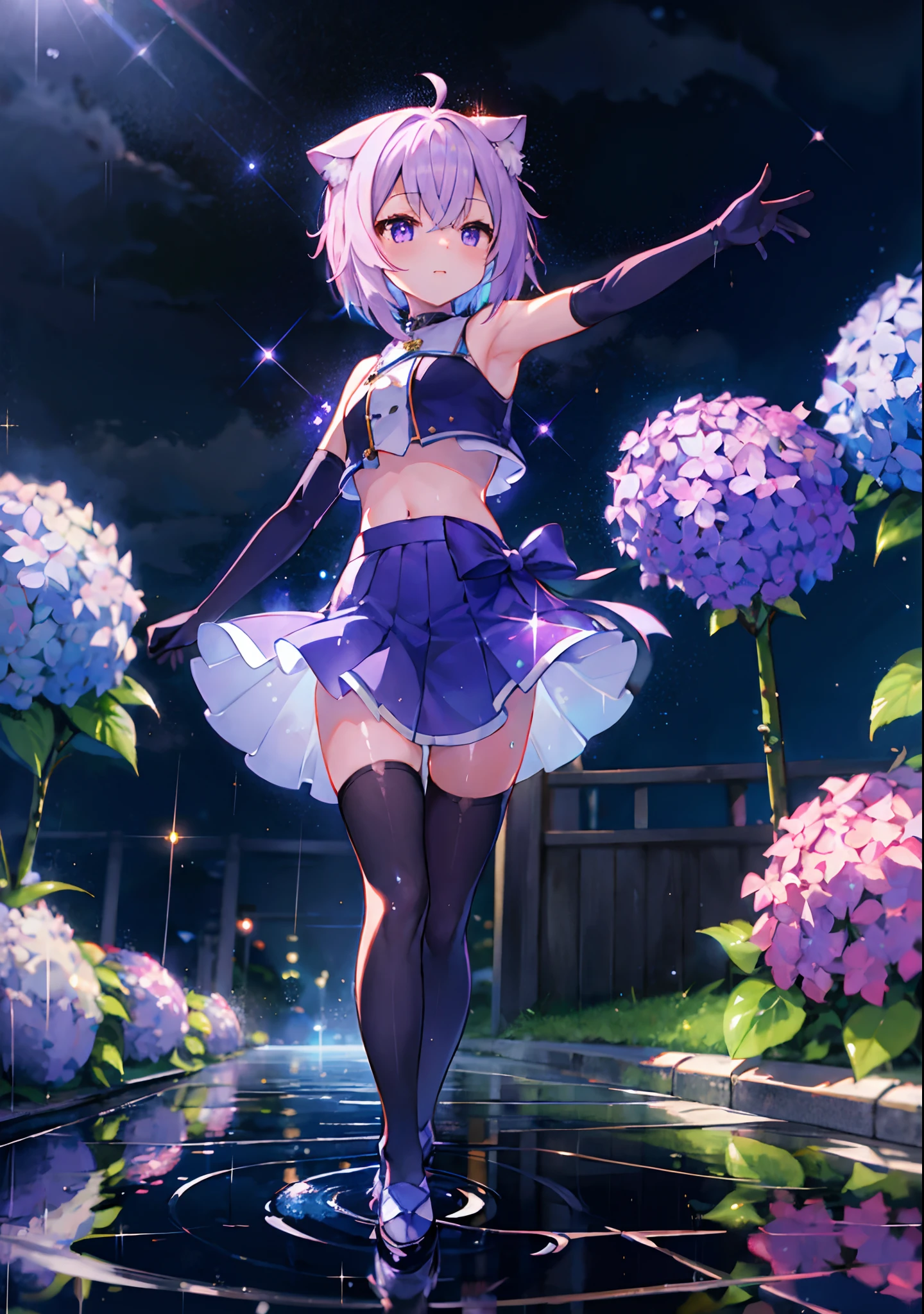 (solo), cute (1girl) walking,path,[from below:1.2],sine short hair, puddle,Water Reflection,rain,floating water drop,hydrangea,(blurry foreground),dynamic angle,asphalt,(night sky),lens flare, (glitter:1.2) presenting armpit, nekomata okayu, shimacos, crop top, microskirt, thighhighs, elbow gloves