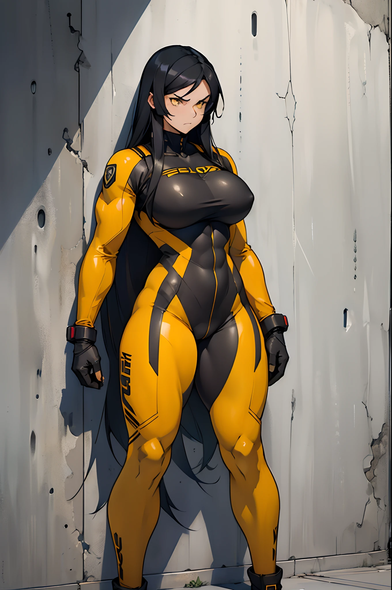 ((1 girl, wide hips, thick thighs, large tits)), solo, ((((muscular)))), black hair, yellow eyes, angry, pale sin, very long hair, (pilot suit, bodysuit, full body), concrete wall, against wall