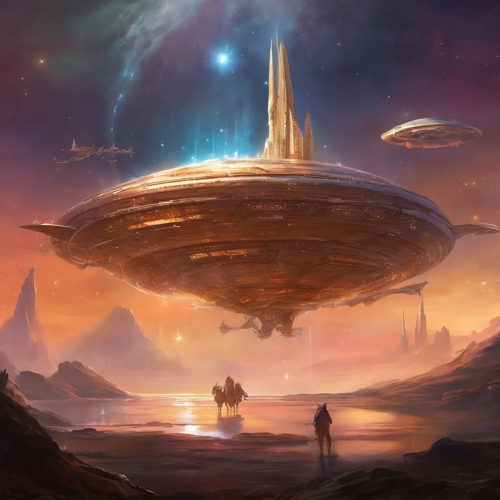 A huge spaceship stands still，The ship is broken，Outside the spacecraft, robots and astronauts are repairing，There is shipwreckage all around，The background is the vastness of the universe，Outstanding details，Cinema lenses
