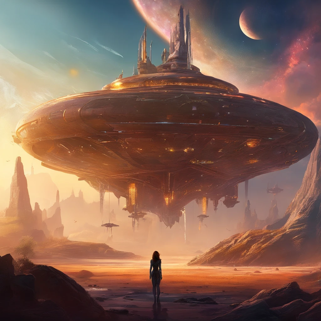(A beautiful woman stands on the surface of Jupiter, the warm, otherworldly glow of a nearby sun warming the scene. The intense heat makes her sweat, her hair slightly tousled by the temperature. A futuristic spacecraft descends near her, casting shadows on the planet’s rocky, gas-filled terrain. The surrounding atmosphere is thick with clouds and swirling gases, and the colors of Jupiter’s enormous red spot are visible in the distance, creating a dramatic backdrop., Paisagem marinha dramática, iluminação dramática, tons de cores frias, atmosfera temperamental, cinematic, (melhor qualidade,4K,8K,alta resolução,obra de arte:1.2),Ultra-detalhado,(realista,photorealista,photo-realista:1.37),iluminação dramática,composição cinematográfica,paleta de cores dramática,Escala épica,ondas poderosas,águas turbulentas,Céu sombrio,nuvens ameaçadoras)