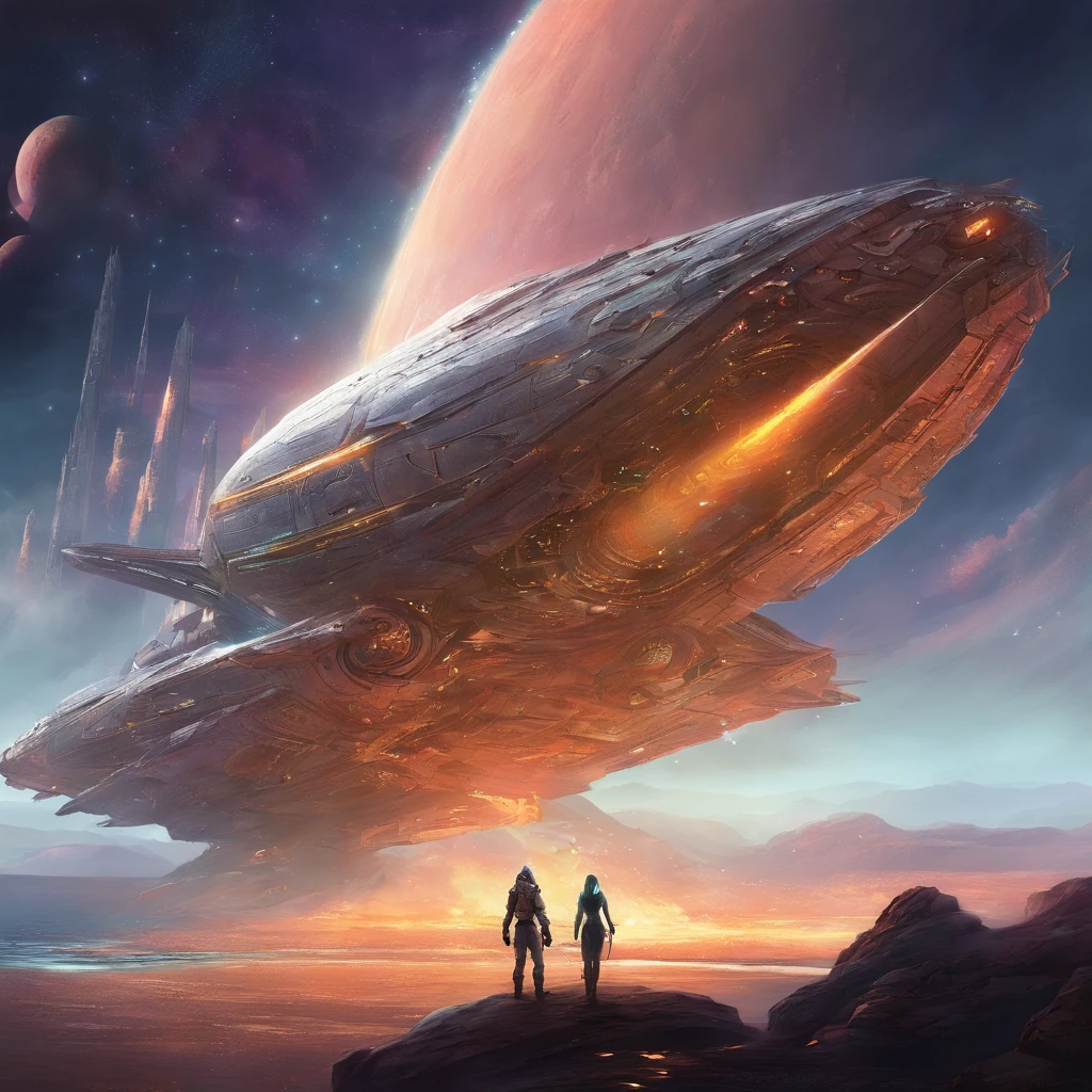 A huge spaceship stands still，The ship is broken，Outside the spacecraft, robots and astronauts are repairing，There is shipwreckage all around，The background is the vastness of the universe，Outstanding details，Cinema lenses