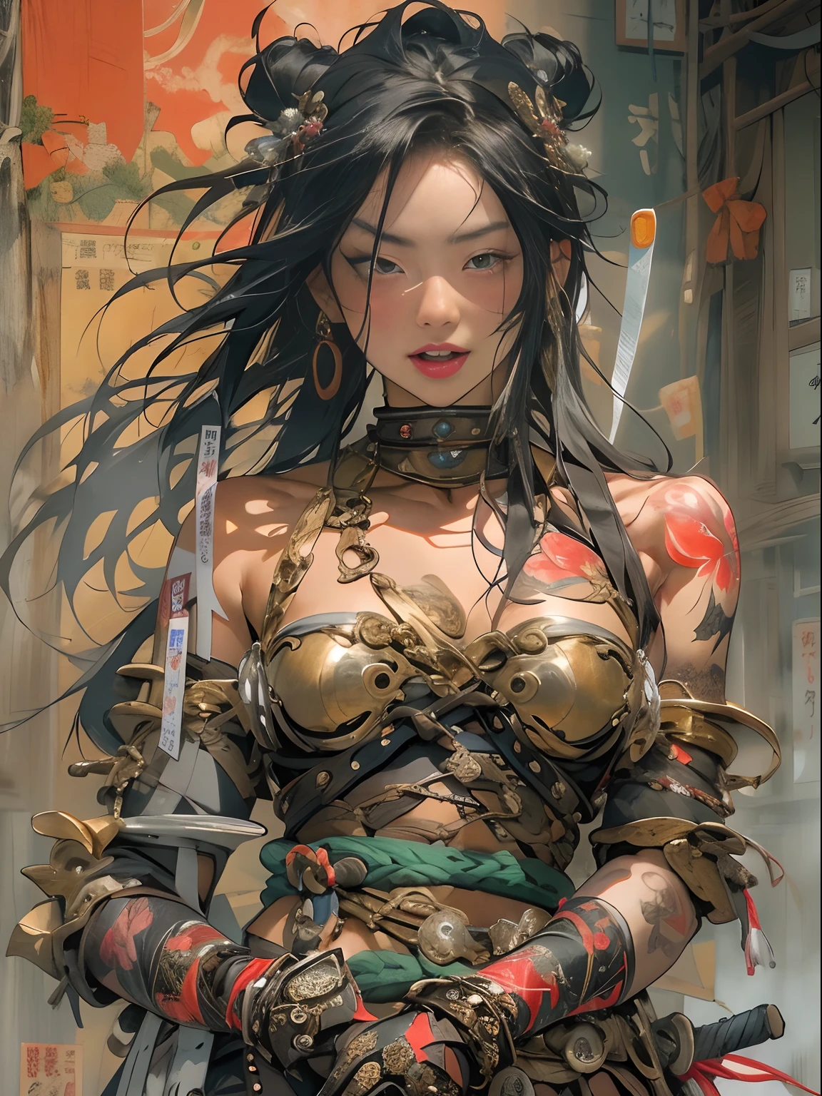 (((woman))), (((best qualityer))), (((tmasterpiece))), (((AS-Adult))), ((( Japanese ))), Look up from your knees, A beautiful asian samurai woman with perfect body, Modern samurai, ((( Asian))), Wear gloves on your hands,The left arm is made of steel and metal tips,Made of protective devices, The eyes are pulled, (( Appears below the breast )), (( Small dental floss )), Simon Bisley, Almost naked(Simon Bisley)Castle City Wilderness,For high-resolution posters, hair straight, Minimum clothing, armure (Crazy clothes ), Full of tips and rivets, tribal tattoos, (((full bodyesbian))), Straight brunette hair,Colored hair ends