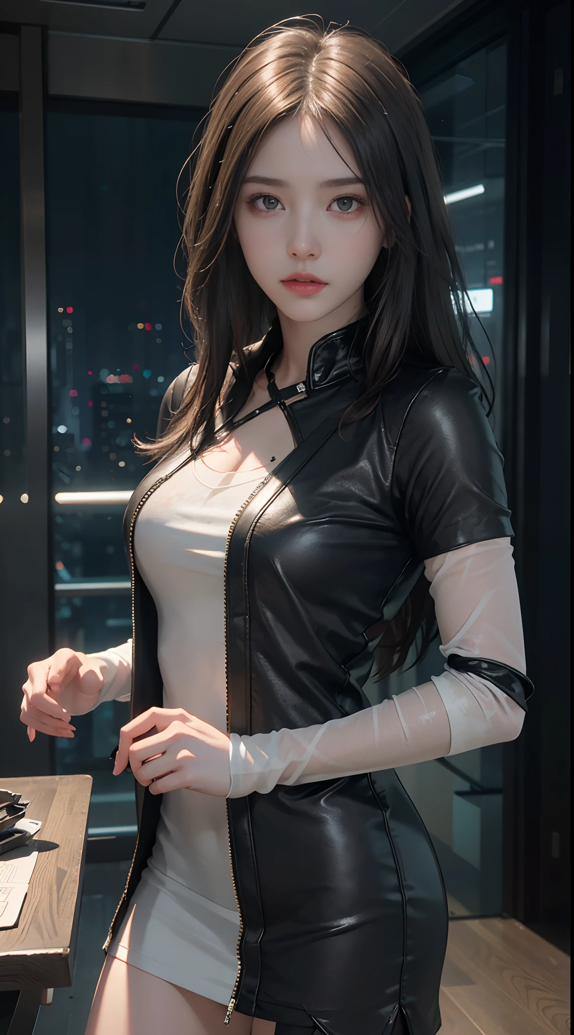 ((Best quality)), ((masterpiece)), (detailed:1.4), 3D, an image of a beautiful cyberpunk female,HDR (High Dynamic Range),Ray Tracing,NVIDIA RTX,Super-Resolution,Unreal 5,Subsurface scattering,PBR Texturing,Post-processing,Anisotropic Filtering,Depth-of-field,Maximum clarity and sharpness,Multi-layered textures,Albedo and Specular maps,Surface shading,Accurate simulation of light-material interaction,Perfect proportions,Octane Render,Two-tone lighting,Wide aperture,Low ISO,White balance,Rule of thirds,8K RAW,