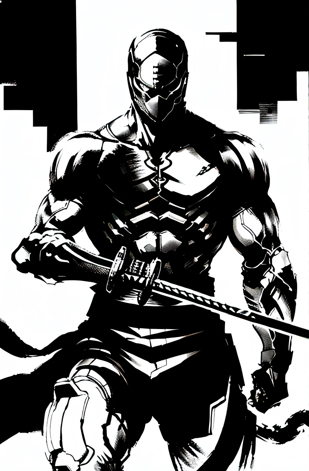 shinkawa youji, cyborg ninja, 1boy, cyborg, greyscale, male focus, monochrome, ninja, solo, sword, weapon, ((masterpiece))