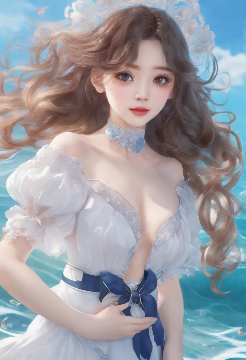 Masterpiece:1.4),, (Best quality:1.4),, Ultra-high RES,, 8K, CG,, (Extremely delicate and beautiful:1.2),,The upper part of the body,, 1girll,, Solo,, fashi-girl,, Mature girl,, , huge tit, Sweet,, , Sea backgroun,the reef,swell sea,Long brown hair,, pony-tail hair,, , Brown eyes,, Closed mouth,, Red lips,, , Face blown away by the wind,, ,Delicate depiction of facial features,almond eyes,Delicate eyeliner。long eyelasher,greene eyes,Black pupils,There is starlight in the eyes,Delicate lip detailing,Oil painting quality,Thick painting style, The beauty of Venus,the ocean,foamy,Stand on a huge shell