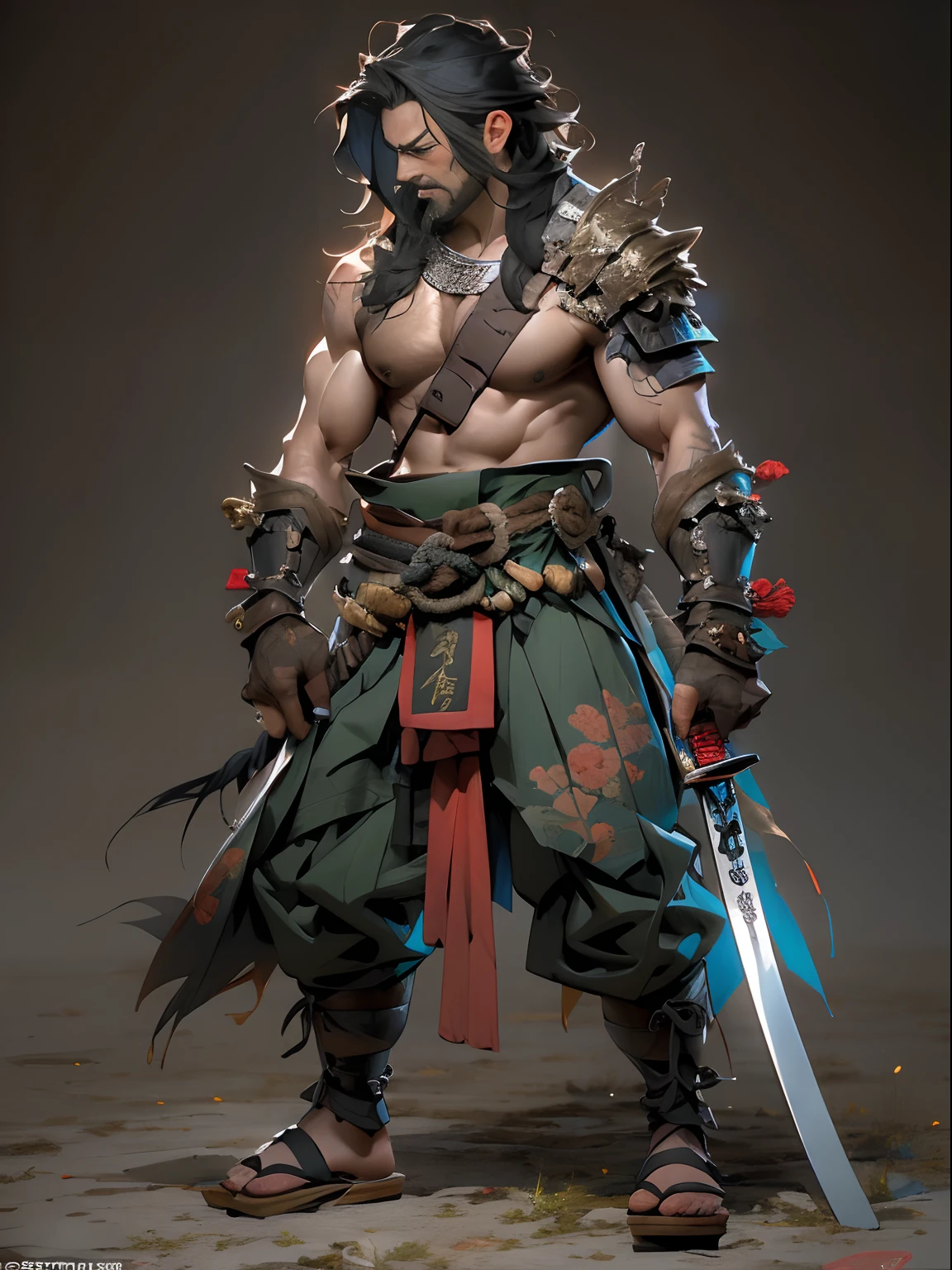 (((mtu))), (((best qualityer))), (((tmasterpiece))), (((AS-Adult))), ((( Japanese ))), Look up from your knees, Handsome Asian samurai,perfect body figure, Modern samurai, ((( Asian))), Wear gloves on your hands,The left arm is made of steel and metal tips,Made of protective devices, The eyes are pulled, (( Appears below the chest )), (( Small dental floss )), Simon Bisley, Almost naked(Simon Bisley)Castle City Wilderness,For high-resolution posters, hair straight, Minimum clothing, armure (Crazy clothes ), Full of tips and rivets, tribal tattoos, (((full bodyesbian))), Straight brunette hair,Colored hair ends