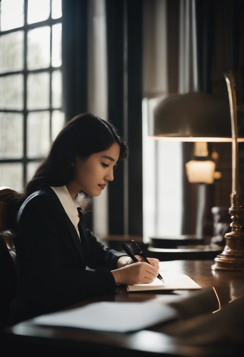 Wearing black leather gloves in both hands, upper body, black blazer uniform, facing the desk in the modern study in the dark, looking down and smiling, writing a letter using a fountain pen, long, straight black hair, young Japanese high school girl (black leather gloves cover both hands)