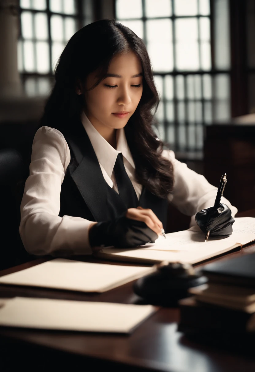 Wearing black leather gloves in both hands, upper body, black blazer uniform, facing the desk in the modern study in the dark, looking down and smiling, writing a letter using a fountain pen, long, straight black hair, young Japanese high school girl (black leather gloves cover both hands)