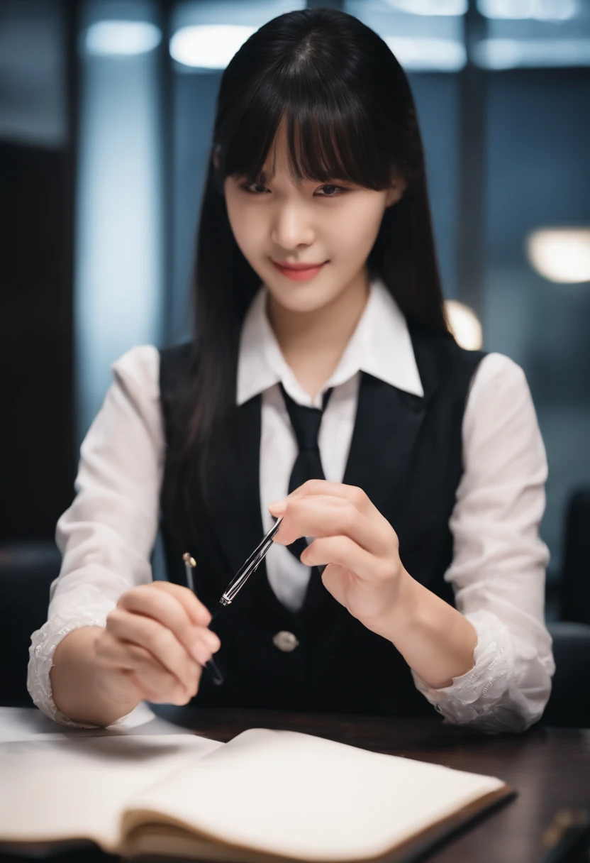 Wearing black leather gloves in both hands, upper body, black blazer uniform, facing the desk in the modern study in the dark, looking down and smiling, writing a letter using a fountain pen, long, straight black hair, young Japanese high school girl (black leather gloves cover both hands)