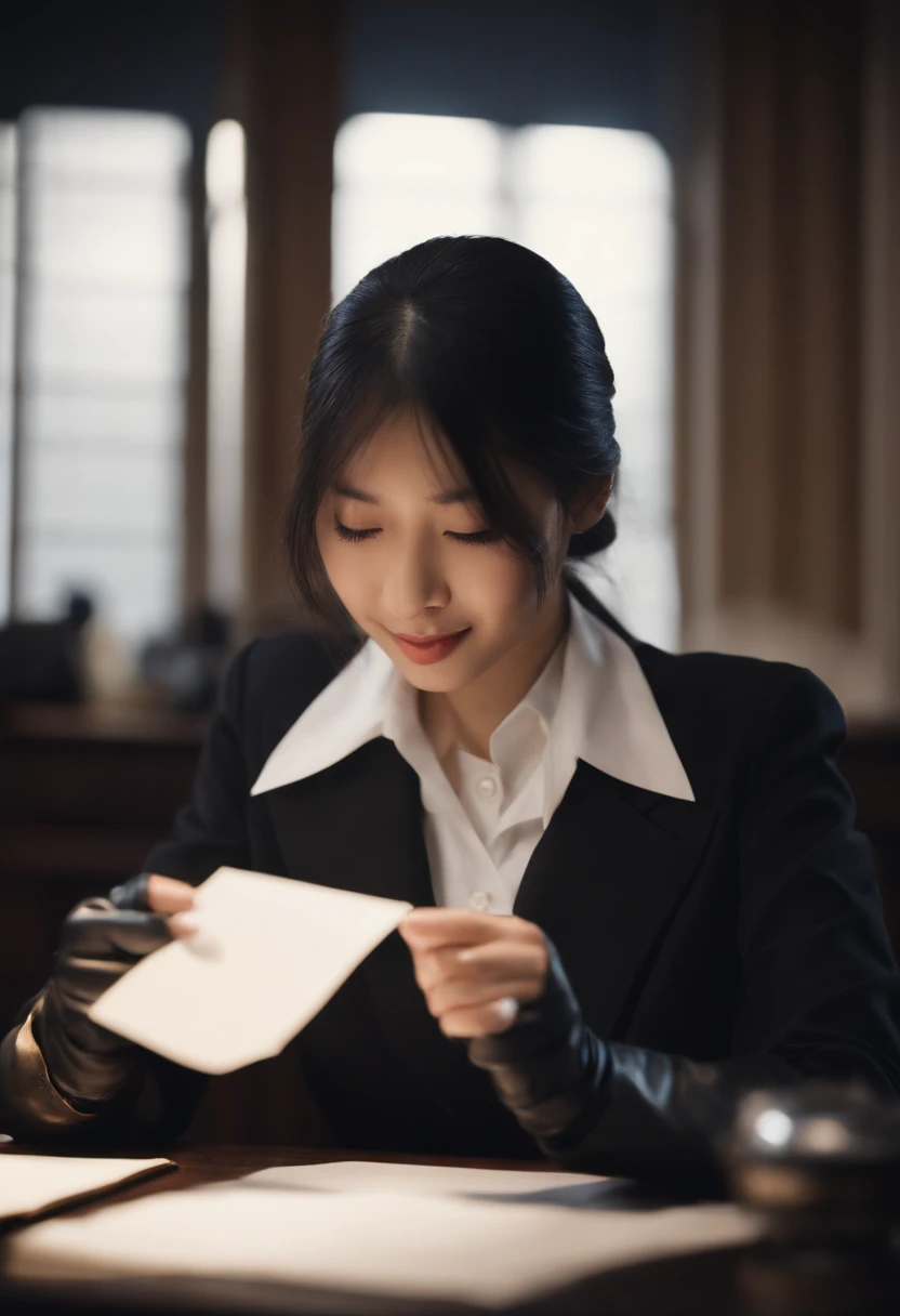 Wearing black leather gloves in both hands, upper body, black blazer uniform, facing the desk in the modern study in the dark, looking down and smiling, writing a letter using a fountain pen, long, straight black hair, young Japanese high school girl (black leather gloves cover both hands)