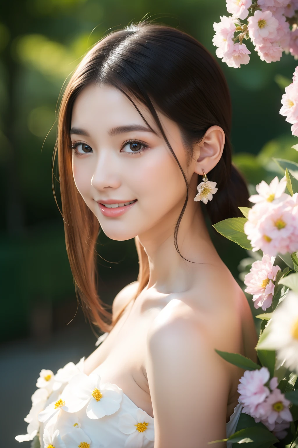 (masterpiece), (best quality), 8k resolution, 1girl, stunning beauty, perfect face, smile, mature female, 20yo, sexy, dress, bare shoulder, low-cut dress, lots of flowers background