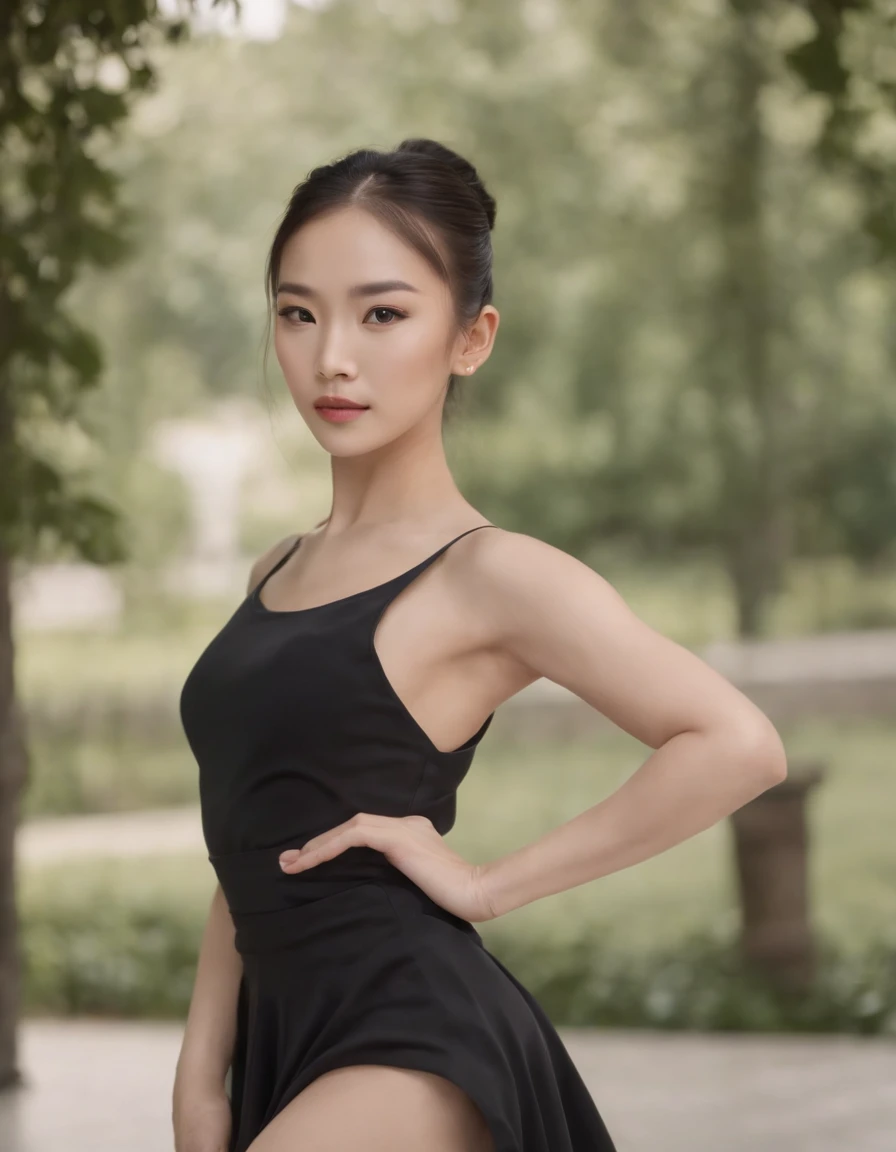 asian woman with ponytail in black dress and black heels for photo shoot, in the style of serene visuals, ballet academia,(medium close-up)
