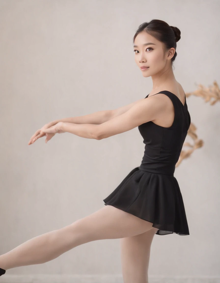 asian woman with ponytail in black dress and black heels for photo shoot, in the style of serene visuals, ballet academia,(medium close-up)