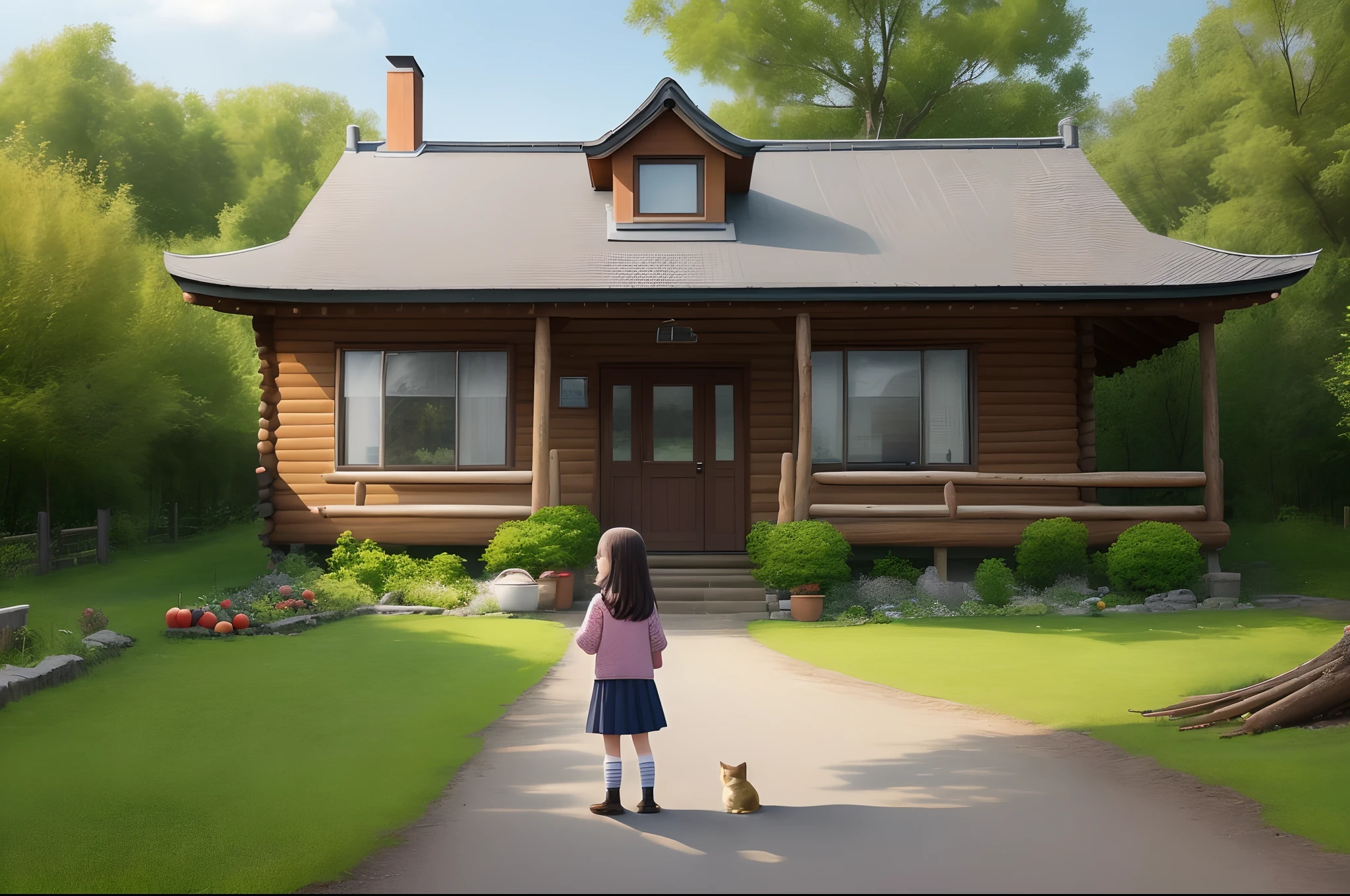 A girl with long hair,Behind him there was a log cabin on the right,There is an apple tree on the left。In front of the house you shoot there is a path leading to the king little girl in front,There is a piece of farmland to the right of the littles face,Think of vegetables and spices,On the left in front of the girl there is a cute Persian cat。