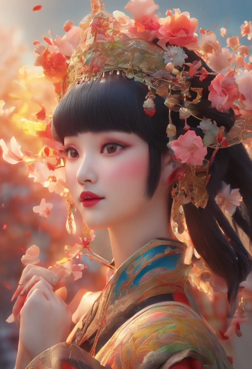 black hair, hair bobbles, wince, long eyelashes, solid circle eyes,  light smile, ear blush, fang, Surrealism, drop shadow, anaglyph, stereogram, tachi-e, pov, atmospheric perspective, 8k, super detail, accurate, best quality, traditional Chinese outfit, close up