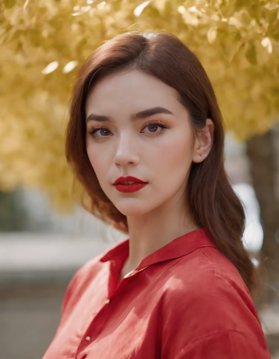 a woman wearing a red shirt ,in the style of candycore, kidcore, golden age aesthetics, graphic and bold, cloisonnism, campcore, cloudcore  ,(medium close-up)