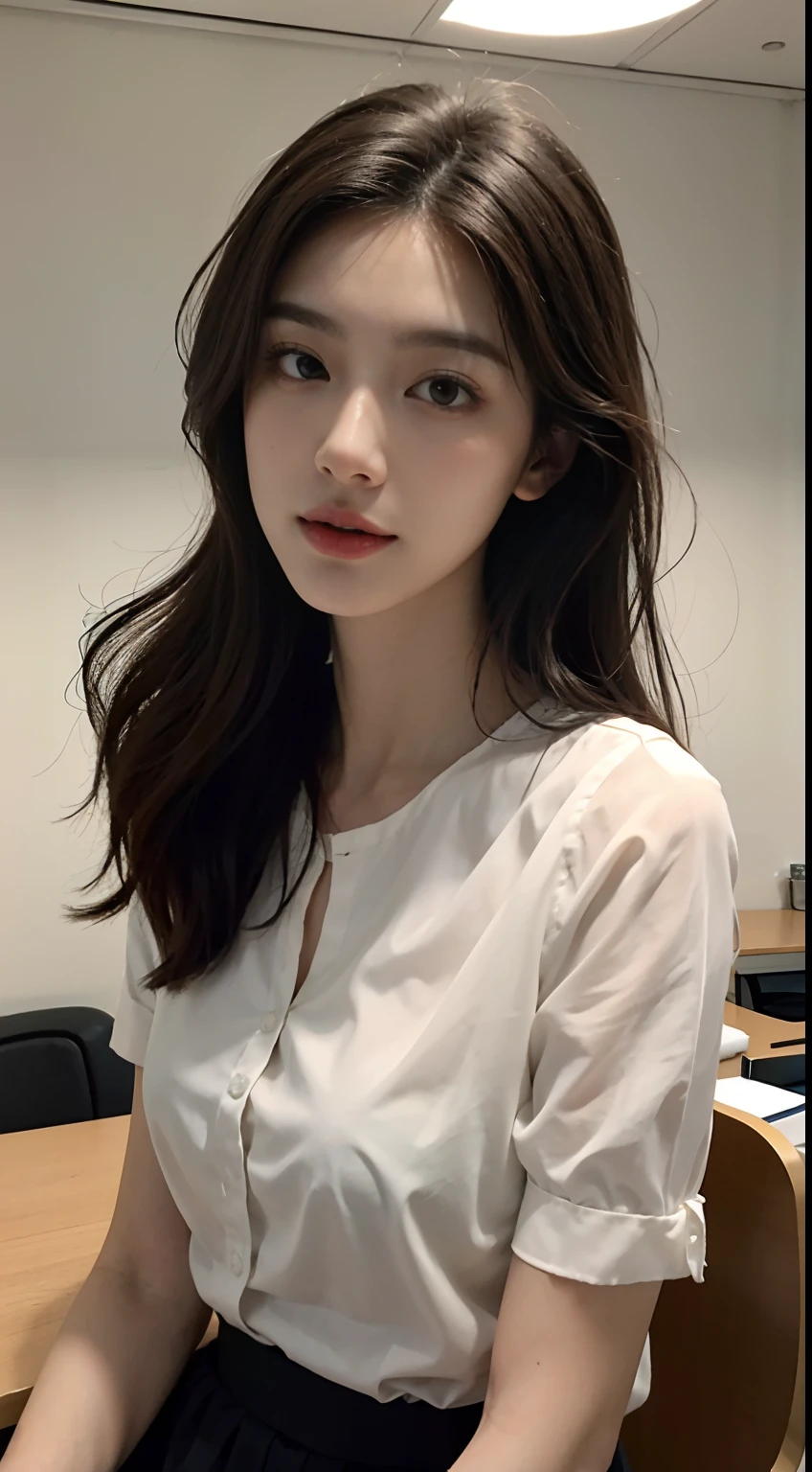 button down shirt, skirt, ((of the highest quality, 8K, masutepiece: 1.3, Raw photo)), Sharp Focus: 1.2, (1 AESPA Girl :1.1), (Solo: 1.1), (Realistic, Photorealistic: 1.37), (Face Focus: 1.1), Cute face, hyperdetailed face, Short messy hair, (updo :1.1), Small breasts, flat chest, (nude, spread legs: 1.32), sitting, classroom, flower, plum blossoms