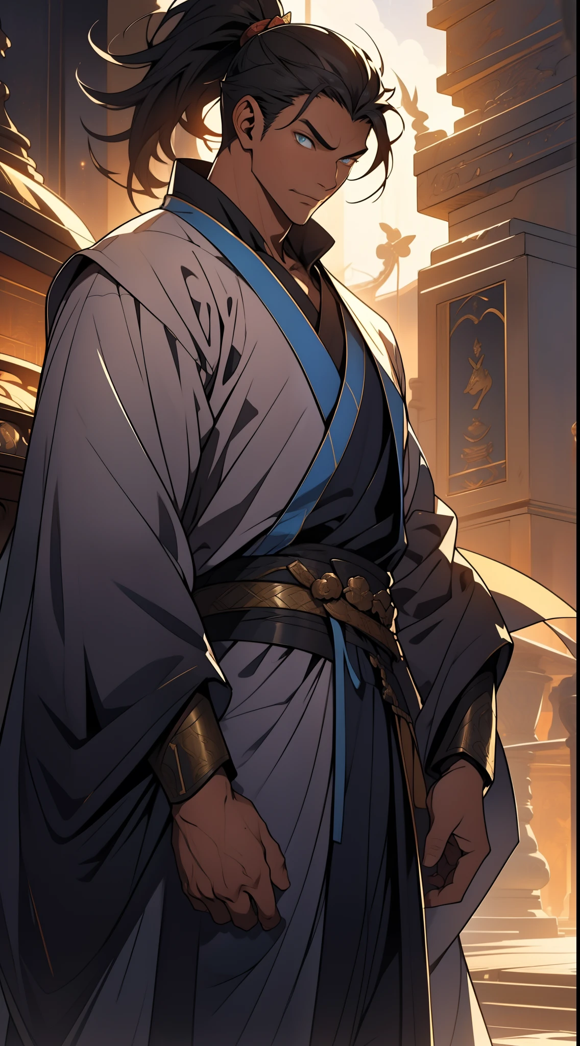 quadratic element,style of anime,mtu(Male Warrior),The proportions are correct,Face details,swordsmen,High ponytail hairstyle,Neck details,There is an Adam's apple,Yellow suit,kaftan,yellow robes,clothes details,Handing over,longer sleeves,Game quality,Swordsmanship,Light and shadow tracking,Ray traching,detailed glow,cg render,hair detail,cabelos preto e longos,blue colored eyes,Handsome,Handsome,(juvenile sense),Clothing is complicated,Perfectcomposition,Refinement,high qulity,higher details,Lots of details,The background is complex,a sense of atmosphere,