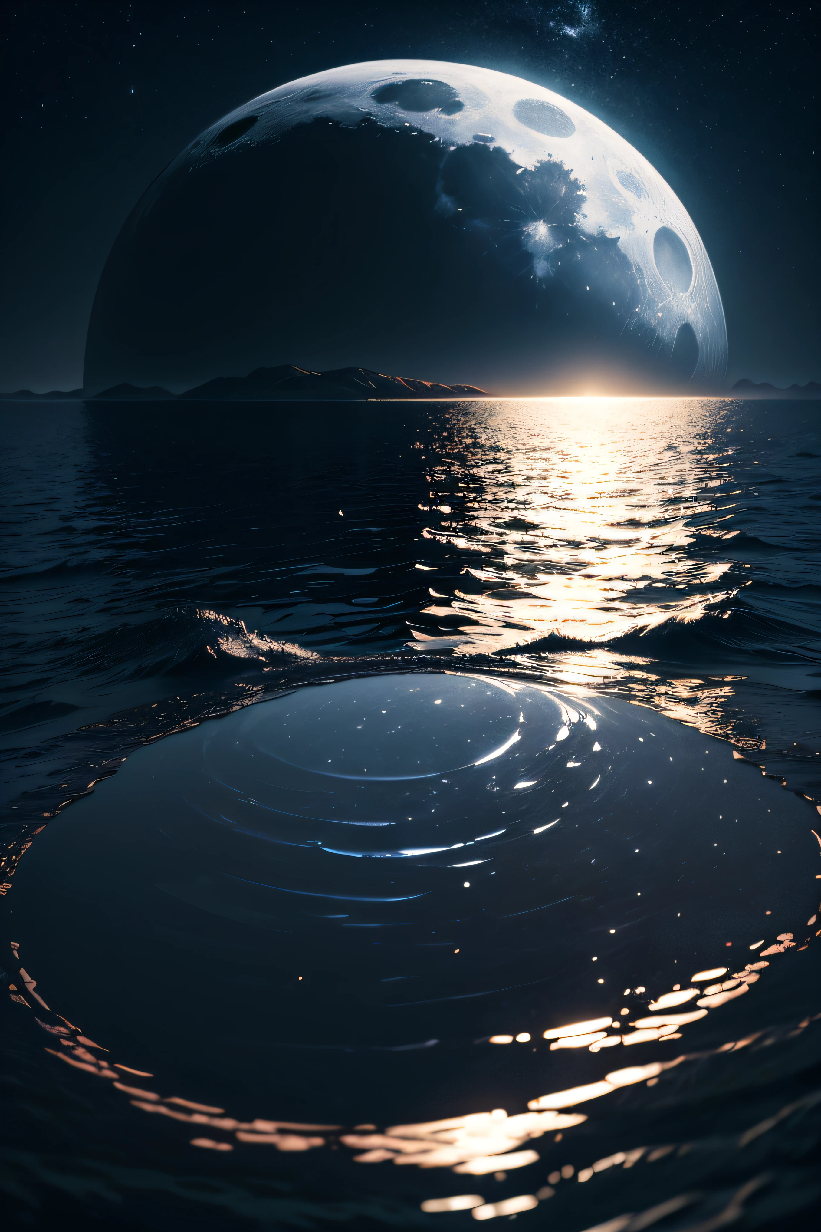 a white moon, in the night, on top of the sea, reflection