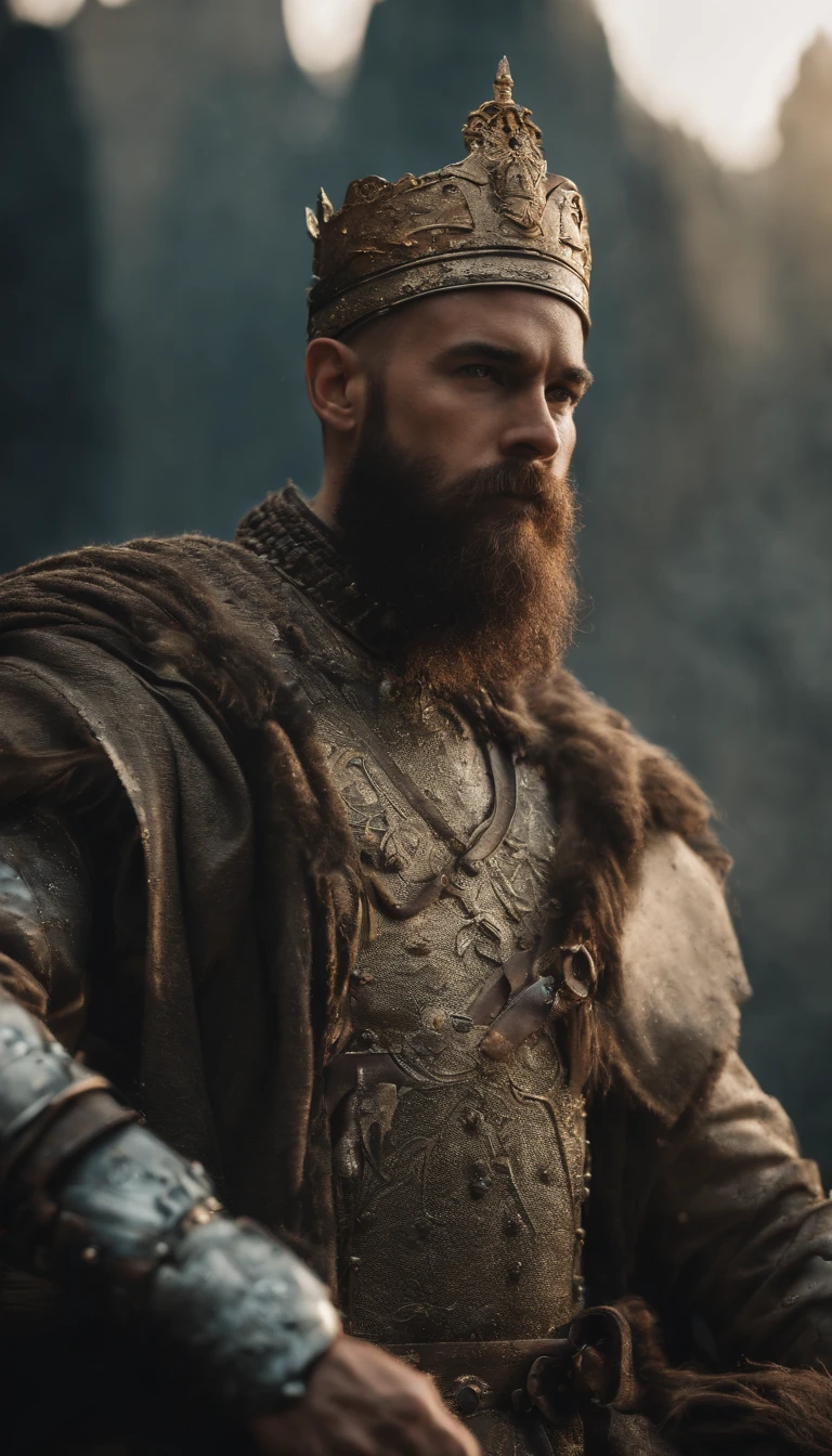 manly handsome king in latex armor standing in front of his magical kingdom, small servant man with full beard in front, shaved head, revealing, (big bulge:1.2)