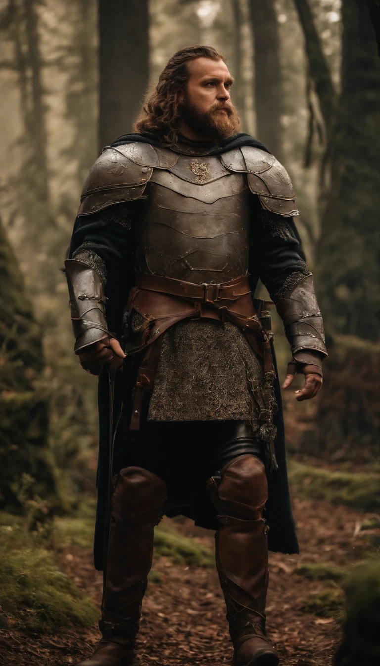 manly handsome king in latex armor standing in front of his magical kingdom, small servant man with full beard in front, shaved head, revealing, (big bulge:1.2)