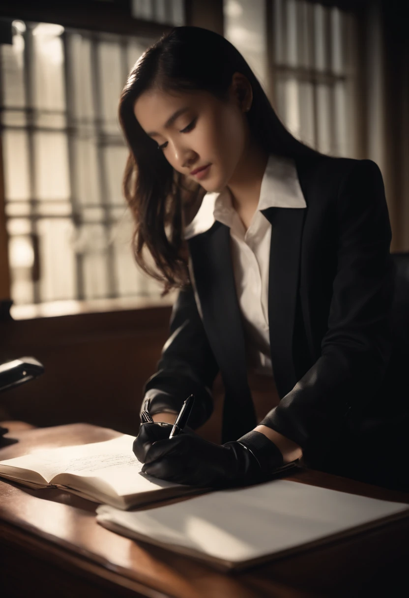 Wearing black leather gloves in both hands, upper body, black blazer uniform, facing the desk in the modern study in the dark, looking down and smiling, writing a letter using a fountain pen, long, straight black hair, young Japanese high school girl (black leather gloves cover both hands)
