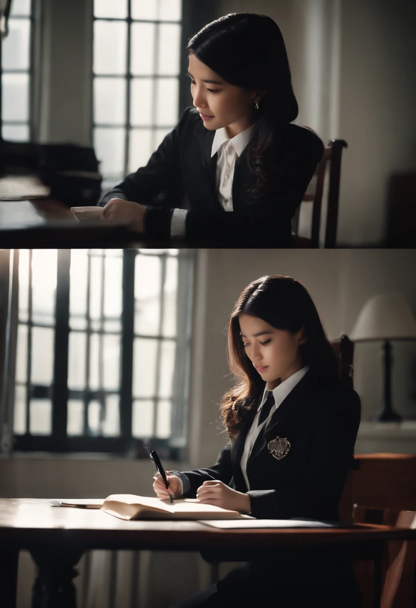 Wearing black leather gloves in both hands, upper body, black blazer uniform, facing the desk in the modern study in the dark, looking down and smiling, writing a letter using a fountain pen, long, straight black hair, young Japanese high school girl (black leather gloves cover both hands)