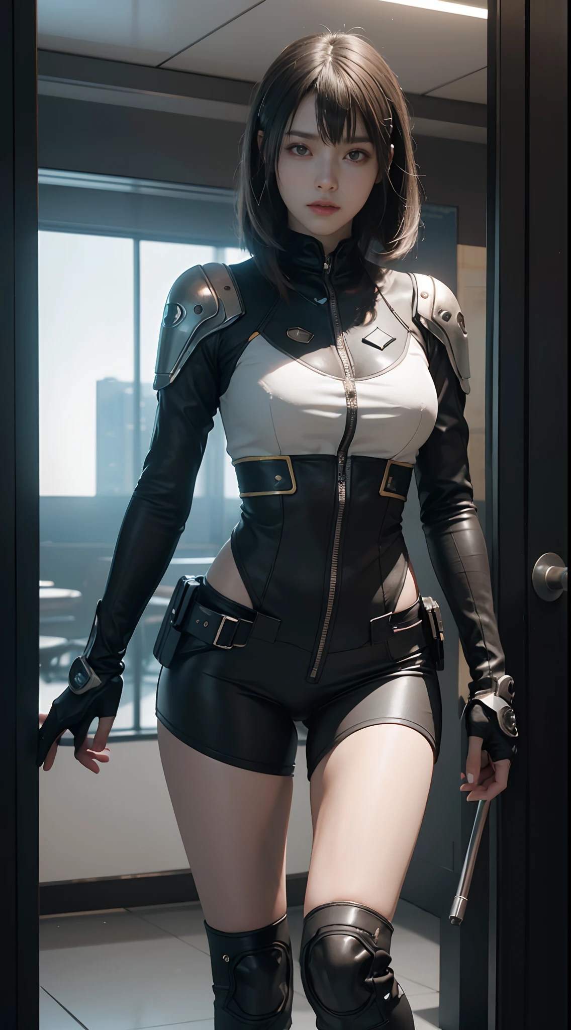 camera looking down on toned black woman wearing white sheer leotard and cyberpunk long coat, stockings and combat boots