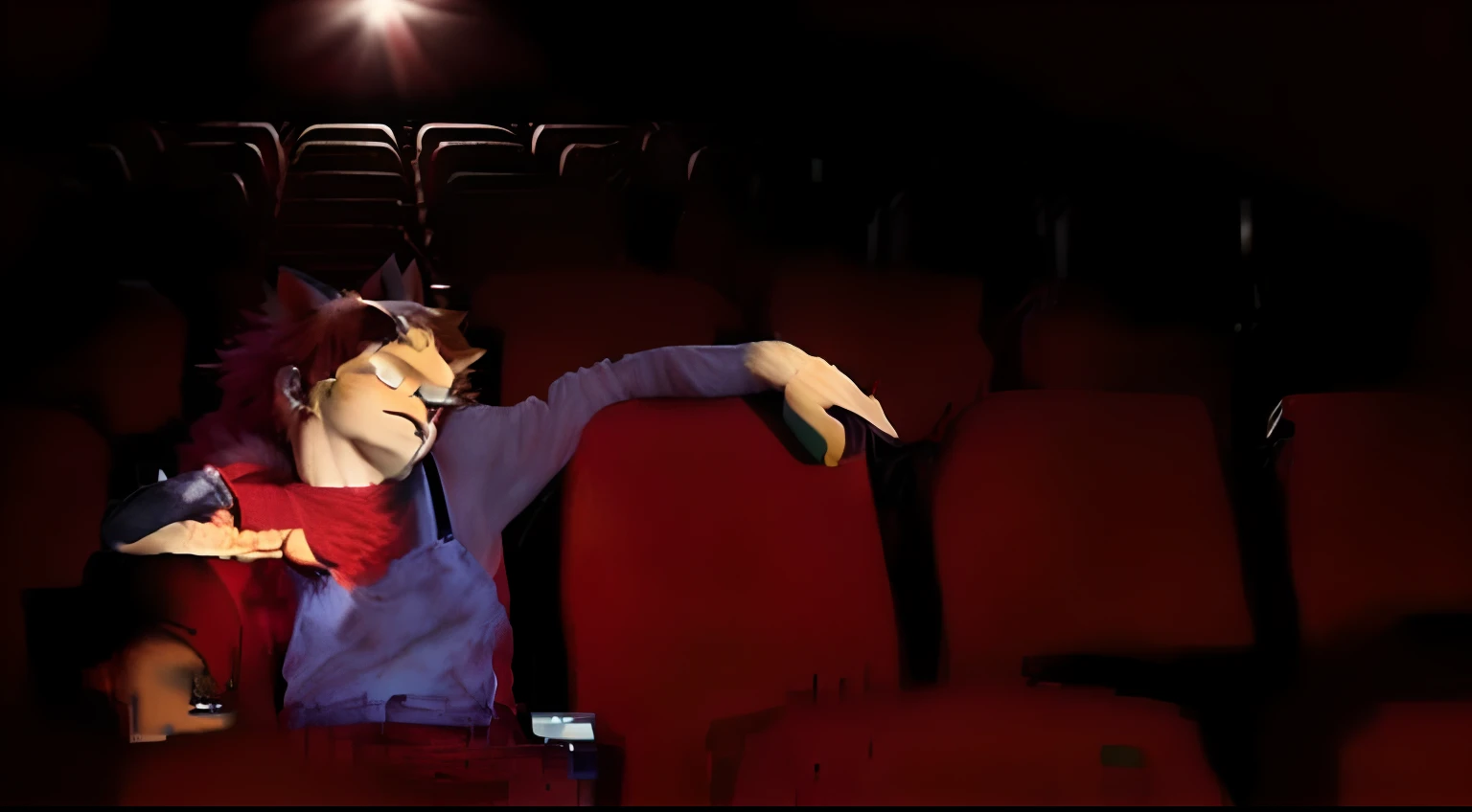 (sole male child and anthro and furry and cat and feline), short hair, red hair, (disheveled hair:1.4), red cat ears, red fur, red skin, bright pupils, clearly blue eyes, cat nose, pink nose, angry face, (only red tone body:2.0) , (only red tone fur:2.0),cat tail, (green T-shirt:1.3),( blue overalls:1.3), BREAK,
Seated in cinema seat, detailed cinema lounge in background, glasses for 3D movies