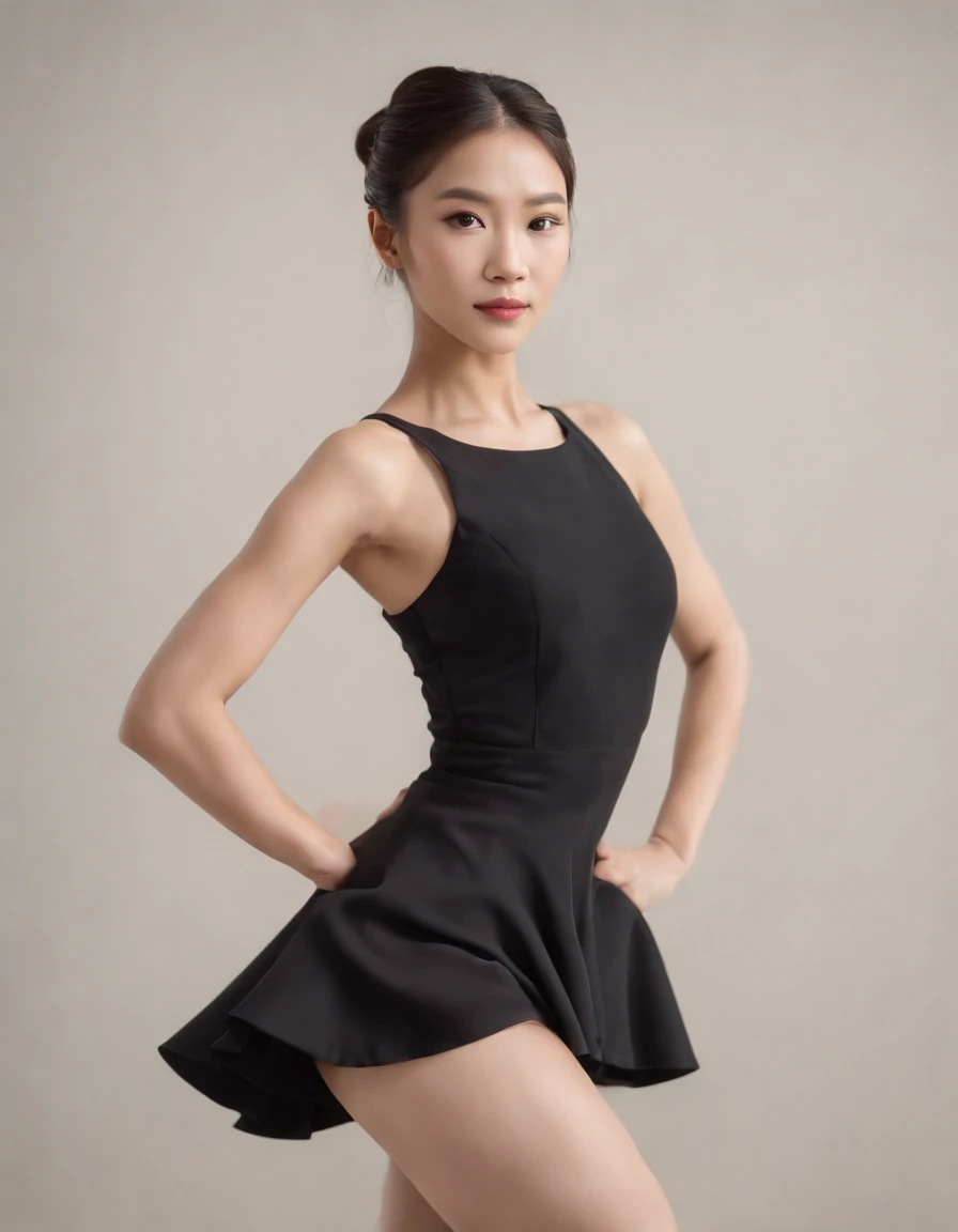 asian woman with ponytail in black dress and black heels for photo shoot, in the style of serene visuals, ballet academia,,(upper body)