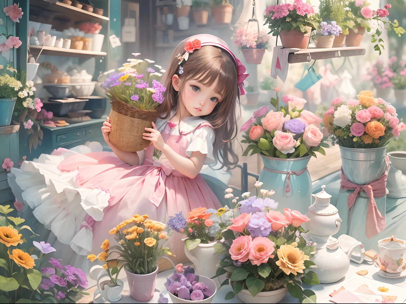 , sweet, sells flowers, masterpiece, good quality, detailed.
