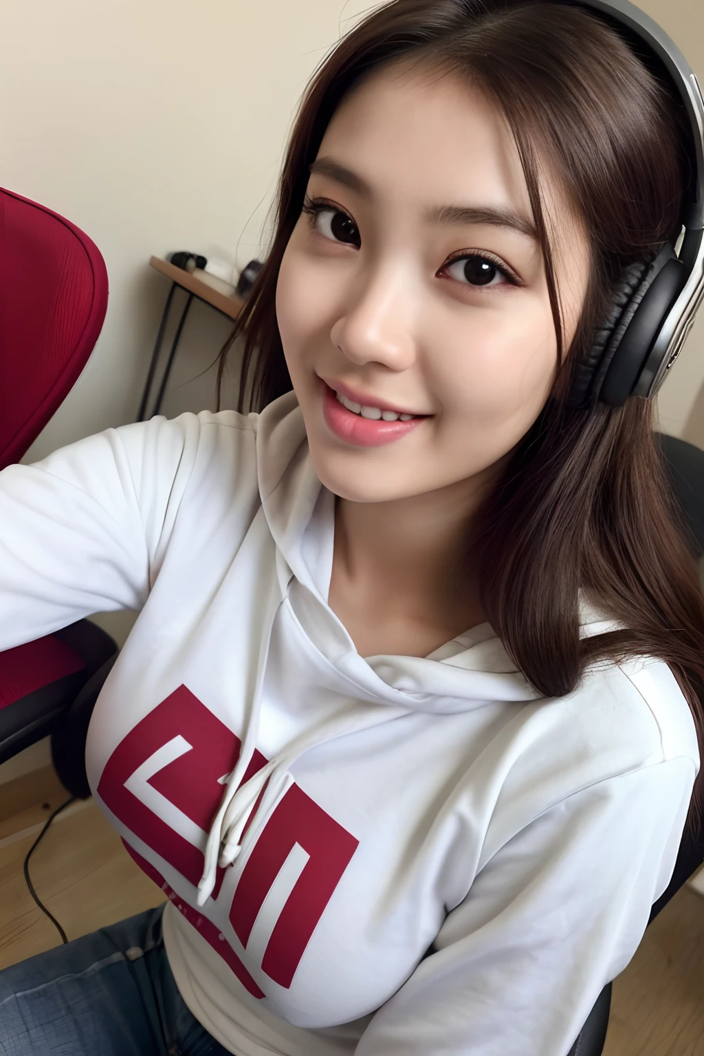 photorealistic, best quality, hyper detailed, beautiful woman asian age 22 name nurul eye broown, selfie photo, upper body big breast, solo,contact lense,tshirt hoodie, sitting at a chair with a desk, indoors, (evening), in podcaster room with mic ,white big gamer headphone (cheerful, happy,confident,rich,calm), looking at viewer, skin texture, film grain, close up, ultra high res, best shadow, instagram Nurul