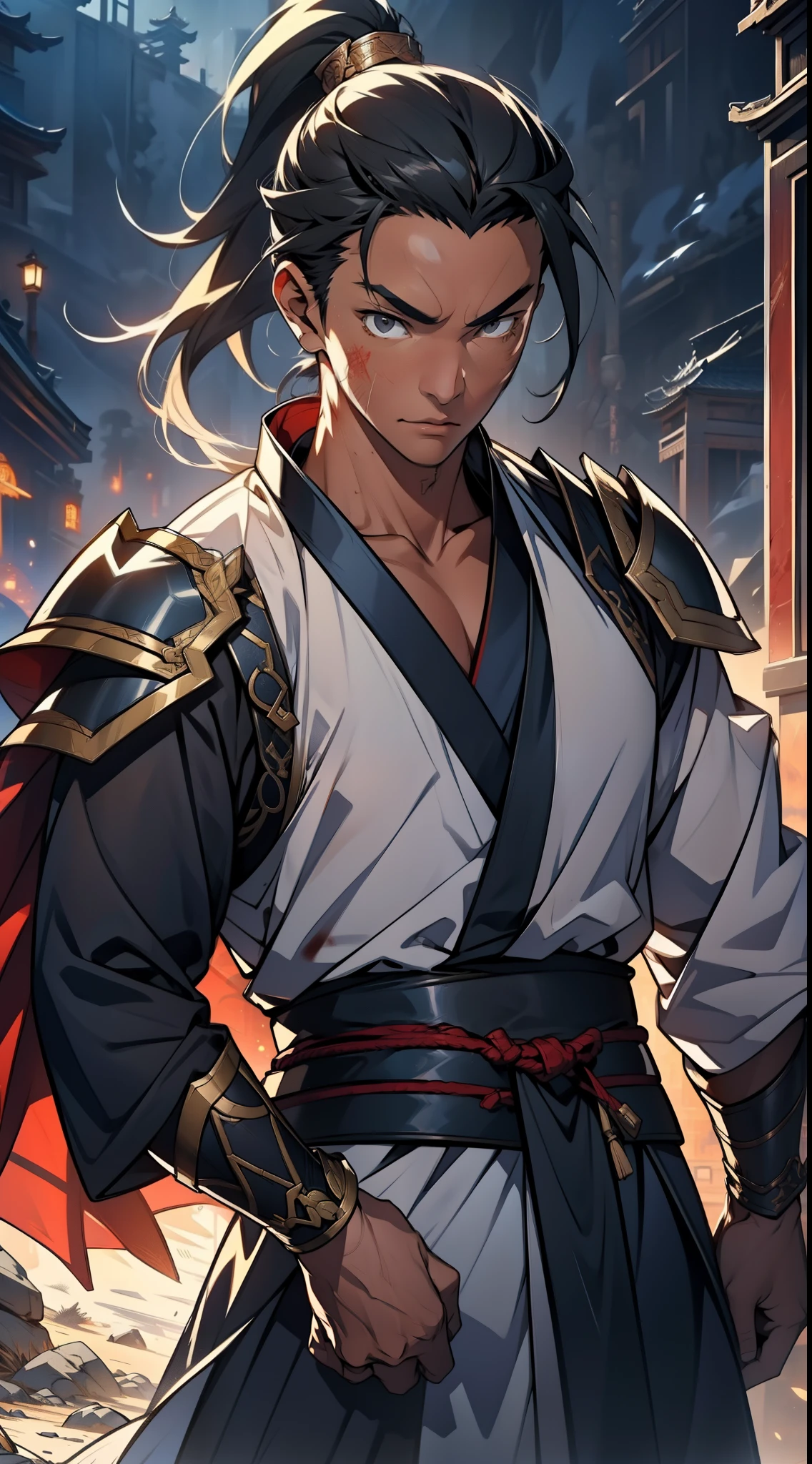 quadratic element,style of anime,mtu(Male Warrior),The proportions are correct,Face details,swordsmen,High ponytail hairstyle,Neck details,(Positive focus),(in the darkness nigth:1),(best qualtiy),(Fidelity:1),filmposter,realistic skin textures,highly detailed,8k wallpaper,Volumetriclighting,动态照明,A man,Long black ponytail hair,long white robe,white sash,A small amount of armor,Shoulder blades,Waist Guard,Hand Guard,Hold the long sword in front of you,mounted on a horse,Ancient Chinese wind,Short sword at the waist,attack pose,blood stain,Broken clothes,Ancient Chinese Battlefield,A group of ancient soldiers chased and killed,Arrows fly,There is a lot of war,the night,Dramatic composition,Sword qi surrounding,The picture is rich in detail,karo,电影灯光,Clothing is complicated,Perfectcomposition,Refinement,high qulity,higher details,Lots of details,The background is complex,a sense of atmosphere,Game quality,Swordsmanship,Light and shadow tracking,Ray traching,detailed glow,cg render,hair detail,