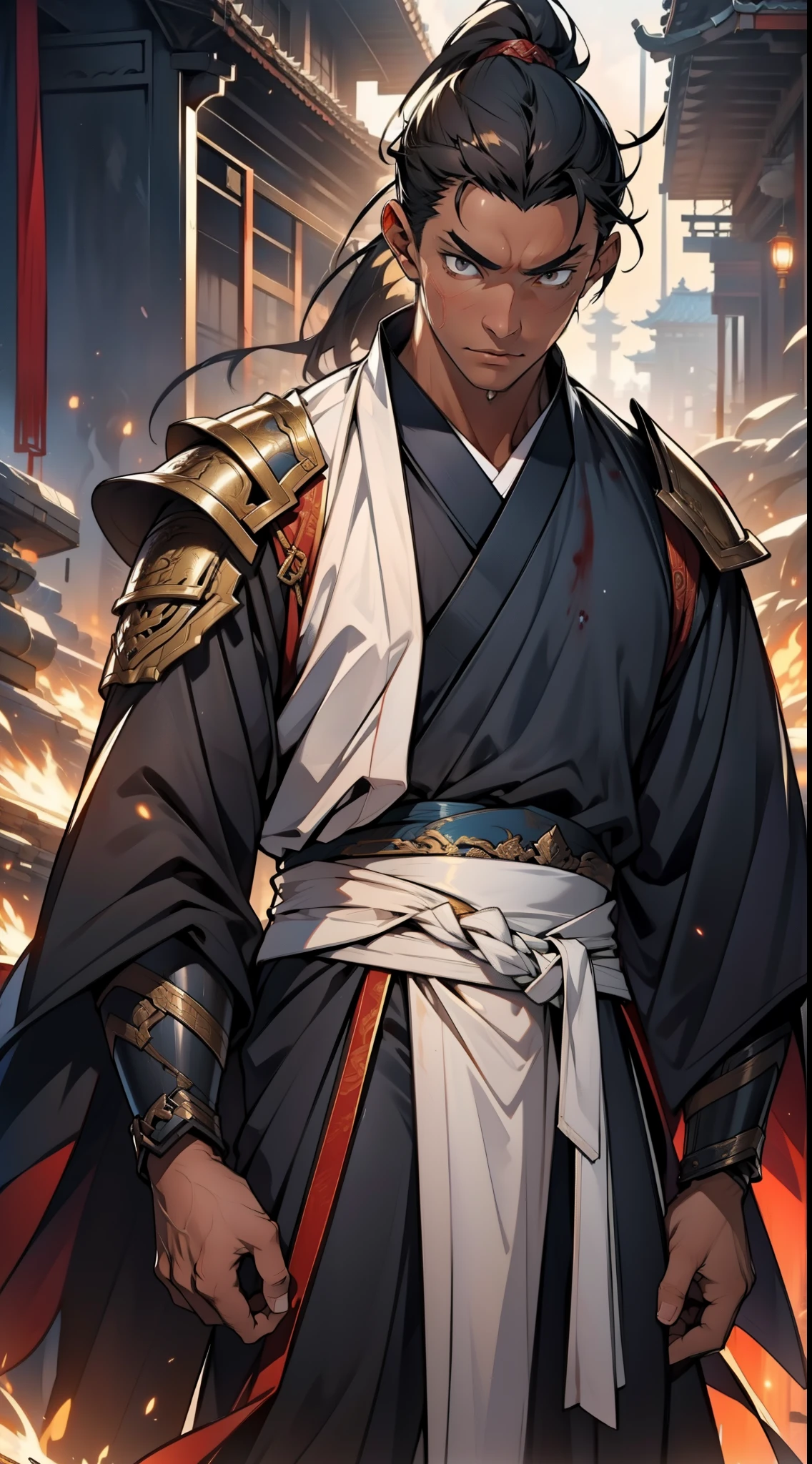 quadratic element,style of anime,mtu(Male Warrior),The proportions are correct,Face details,swordsmen,High ponytail hairstyle,Neck details,(Positive focus),(in the darkness nigth:1),(best qualtiy),(Fidelity:1),filmposter,realistic skin textures,highly detailed,8k wallpaper,Volumetriclighting,动态照明,A man,Long black ponytail hair,long white robe,white sash,A small amount of armor,Shoulder blades,Waist Guard,Hand Guard,Hold the long sword in front of you,mounted on a horse,Ancient Chinese wind,Short sword at the waist,attack pose,blood stain,Broken clothes,Ancient Chinese Battlefield,A group of ancient soldiers chased and killed,Arrows fly,There is a lot of war,the night,Dramatic composition,Sword qi surrounding,The picture is rich in detail,karo,电影灯光,Clothing is complicated,Perfectcomposition,Refinement,high qulity,higher details,Lots of details,The background is complex,a sense of atmosphere,Game quality,Swordsmanship,Light and shadow tracking,Ray traching,detailed glow,cg render,hair detail,