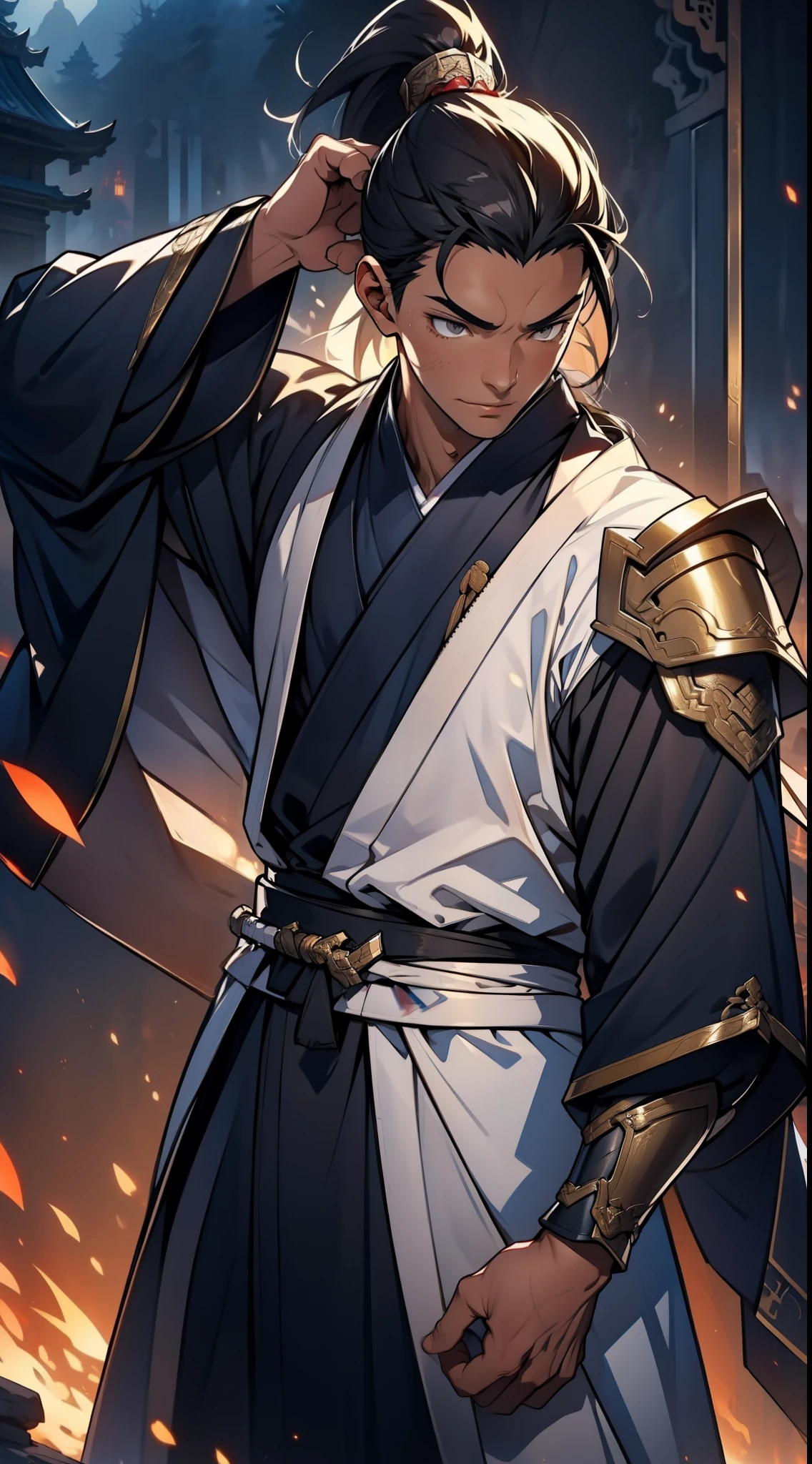 quadratic element,style of anime,mtu(Male Warrior),The proportions are correct,Face details,swordsmen,High ponytail hairstyle,Neck details,(Positive focus),(in the darkness nigth:1),(best qualtiy),(Fidelity:1),filmposter,realistic skin textures,highly detailed,8k wallpaper,Volumetriclighting,动态照明,A man,Long black ponytail hair,long white robe,white sash,A small amount of armor,Shoulder blades,Waist Guard,Hand Guard,Hold the long sword in front of you,mounted on a horse,Ancient Chinese wind,Short sword at the waist,attack pose,blood stain,Broken clothes,Ancient Chinese Battlefield,A group of ancient soldiers chased and killed,Arrows fly,There is a lot of war,the night,Dramatic composition,Sword qi surrounding,The picture is rich in detail,karo,电影灯光,Clothing is complicated,Perfectcomposition,Refinement,high qulity,higher details,Lots of details,The background is complex,a sense of atmosphere,Game quality,Swordsmanship,Light and shadow tracking,Ray traching,detailed glow,cg render,hair detail,