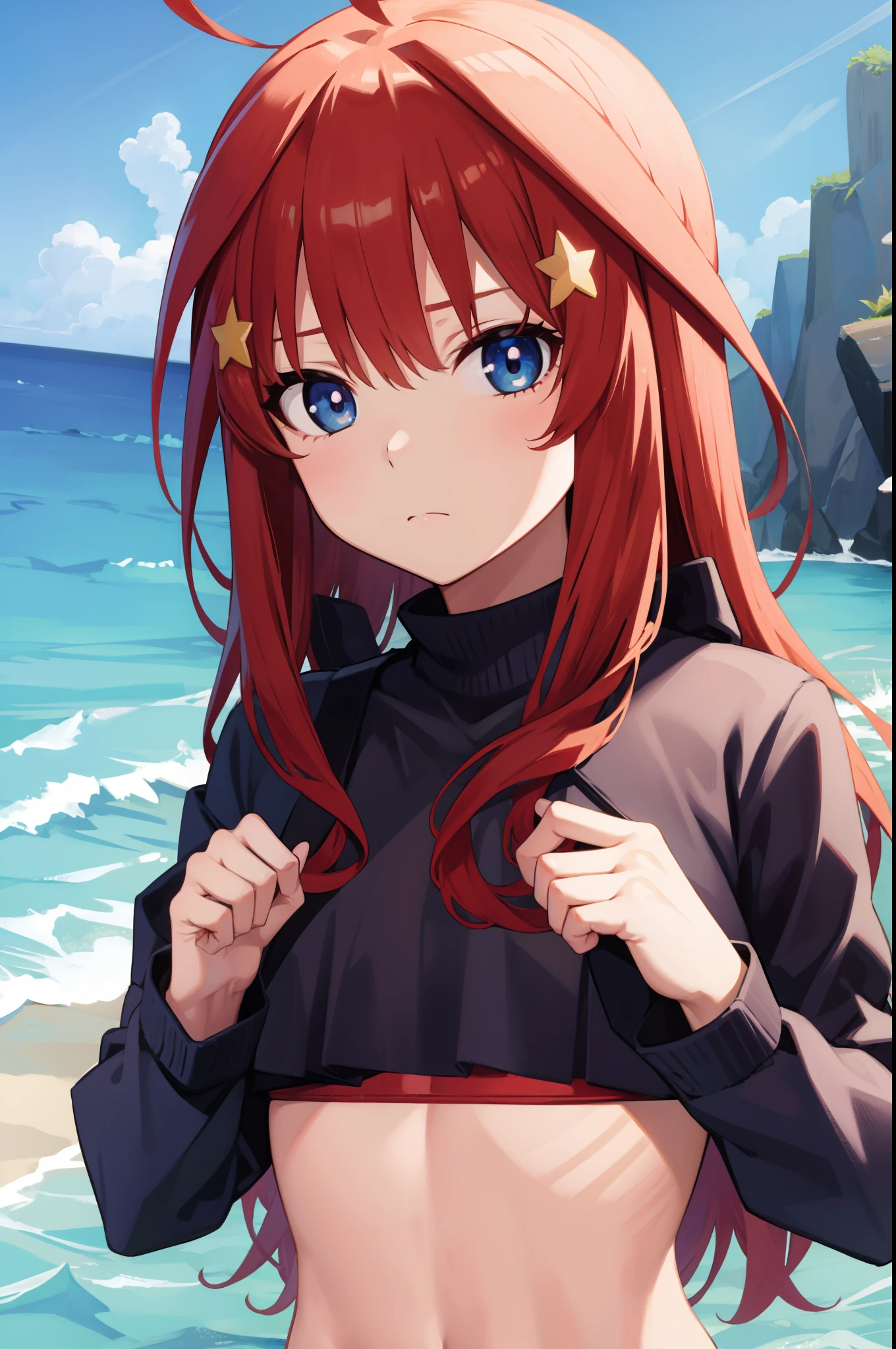 itsukinakano, itsuki nakano, bangs, blue eyes, hair between eyes, ahoge, red hair, star \(symbol\), hair ornament, star hair ornament,
BREAK bikini,
BREAK outdoors, beach,
BREAK looking at viewer, BREAK (masterpiece:1.2), best quality, high resolution, unity 8k wallpaper, (illustration:0.8), (beautiful detailed eyes:1.6), extremely detailed face, perfect lighting, extremely detailed CG, (perfect hands, perfect anatomy),