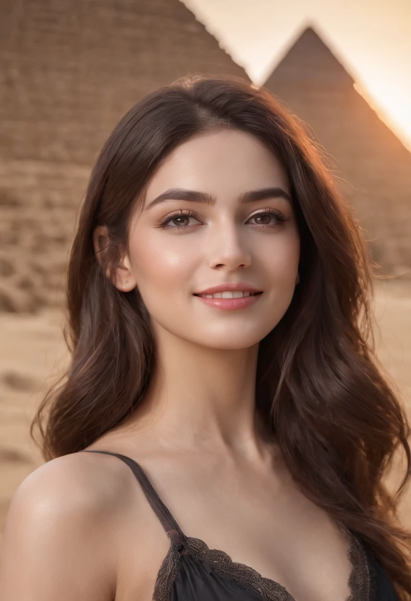 best quality, masterpiece, photo realistic, intricate details, raw photo, photon rendering, octane render, absurdres, ultra detailed, detailed face, detailed skin, trending on artstation, 8k masterpiece, cinematic lighting, ( (1girl)),((solo)),((looking_at_viewer)),trending on cg society,plasticien,((black long hair)),((beautiful woman)),(Smile),sexy lingerie, lingerie, underwear, bra,((Egyptian pyramid)),((sexy)),wind blowing hair, ((flowing hair)),happy,fashion magazine,
