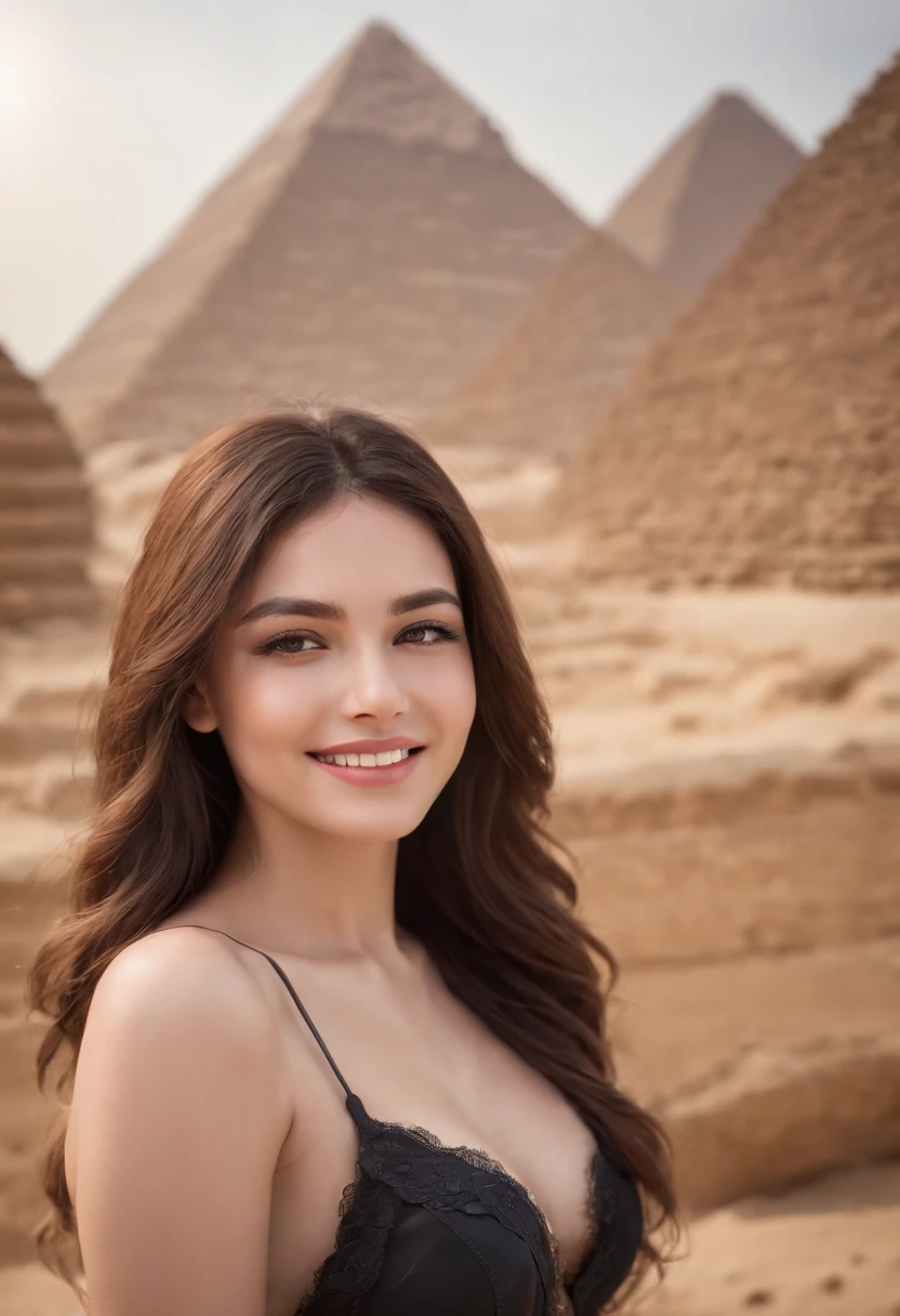 best quality, masterpiece, photo realistic, intricate details, raw photo, photon rendering, octane render, absurdres, ultra detailed, detailed face, detailed skin, trending on artstation, 8k masterpiece, cinematic lighting, ( (1girl)),((solo)),((looking_at_viewer)),trending on cg society,plasticien,((black long hair)),((beautiful woman)),(Smile),sexy lingerie, lingerie, underwear, bra,((Egyptian pyramid)),((sexy)),wind blowing hair, ((flowing hair)),happy,fashion magazine,