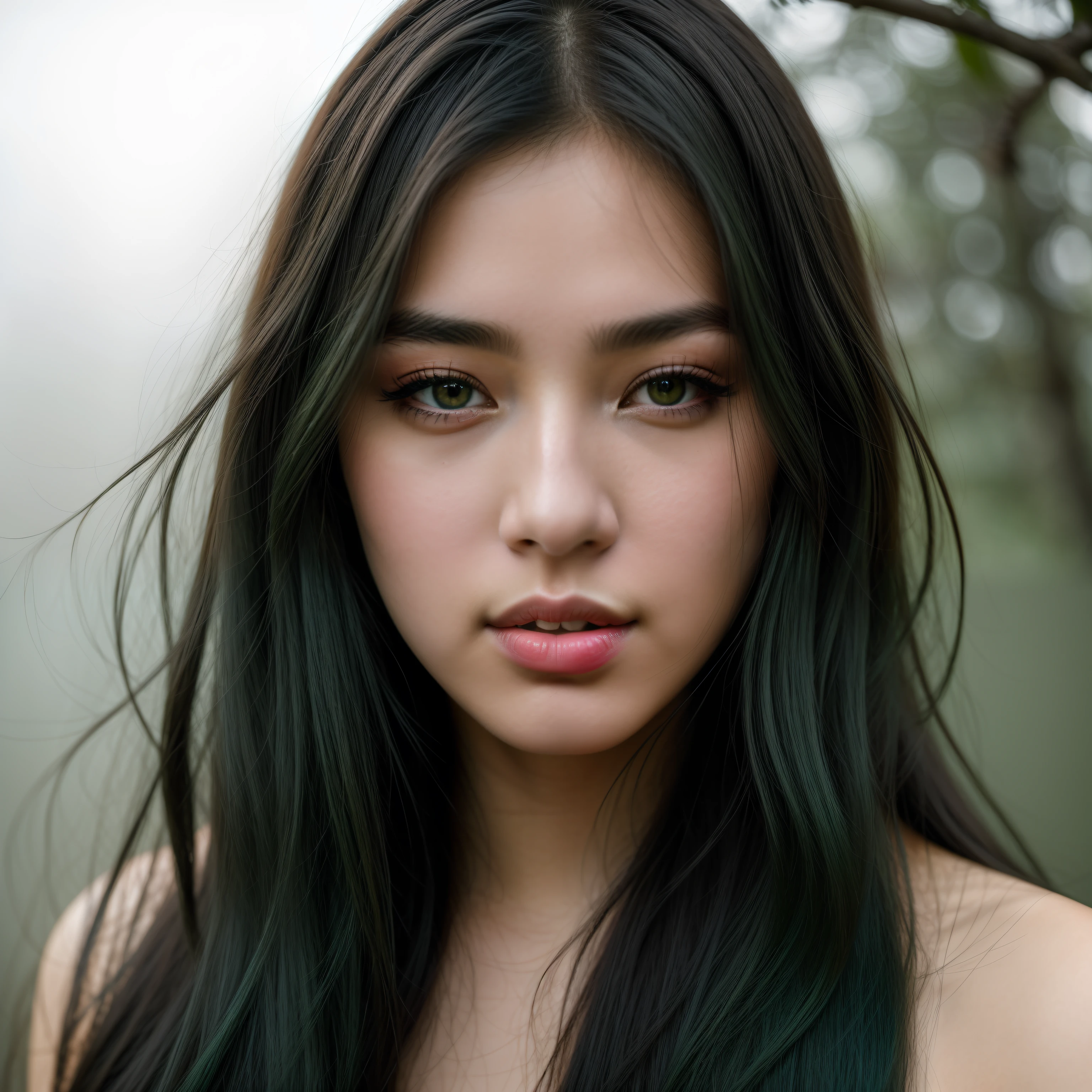 raw、analog style、Amazing portrait of a young and beautiful woman with impressive features。She has long, Flowing hair、a captivating gaze、And should have an attractive appearance。Keep the background neutral and simple、Let the woman be the protagonist of the image。Pay close attention to details such as highlights and shadows on her face and hair、Create realistic and realistic images。Try different lighting techniques、Enhance the mood and mood of your portrait。The final product is、The essence and beauty of women（（highlydetailed skin、Skin Details）、Sharp Focus、Volume Fog、8K UHD、Digital SLR、hightquality、film grains、Green hair、Must be a masterpiece that captures the Fujifilm XT3。